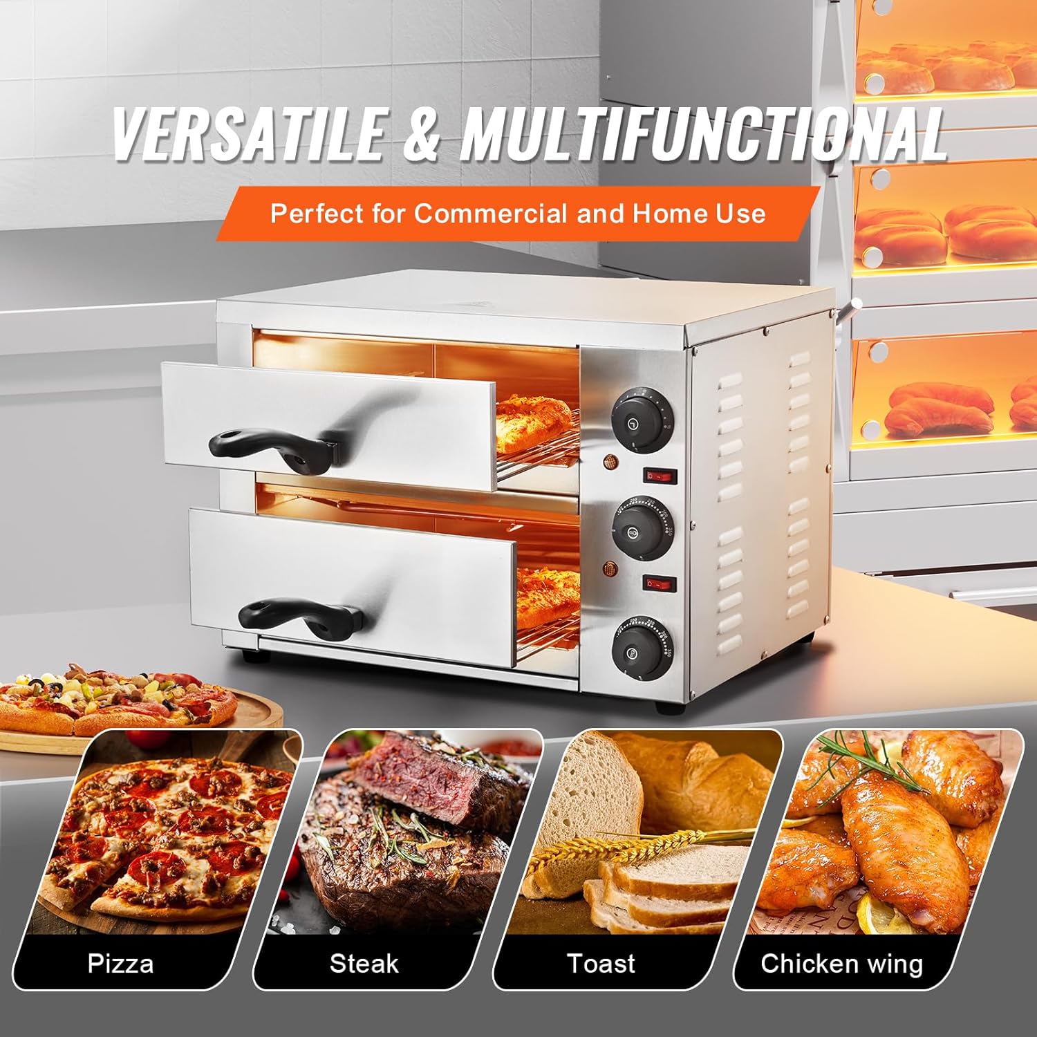 VEVOR Horno de Pizza Elctrico para Encimeras, 1700 W, con Control de Temperatura y Temporizador, Horneado Uniforme y Fcil Limpieza, Ideal para Cocinas Comerciales y Domsticas, 477 x 400 x 350 mm