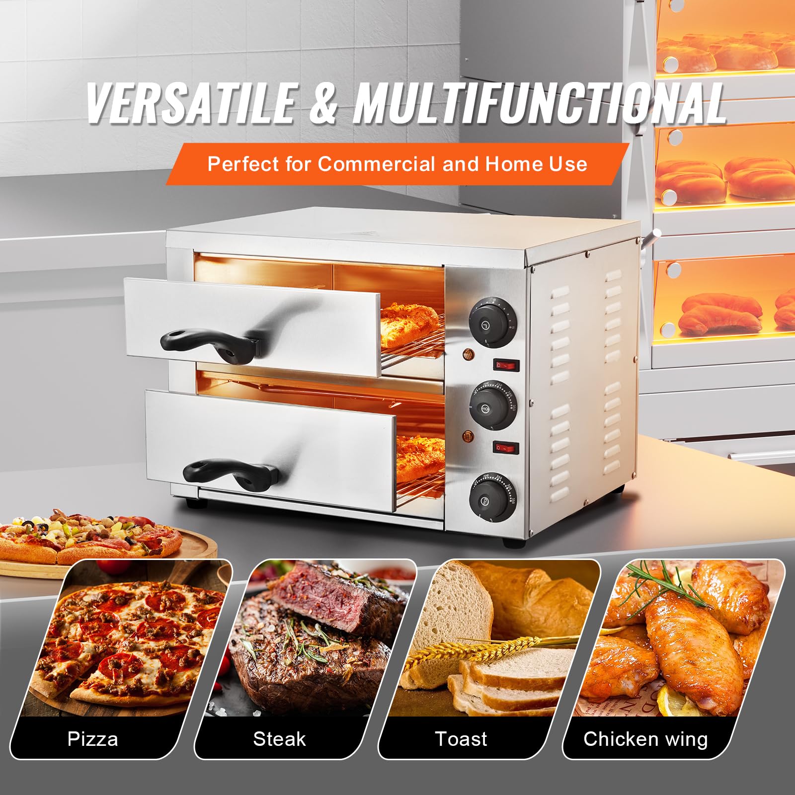 VEVOR Horno de Pizza Eléctrico para Encimeras, 1700 W, con Control de Temperatura y Temporizador, Horneado Uniforme y Fácil Limpieza, Ideal para Cocinas Comerciales y Domésticas, 477 x 400 x 350 mm