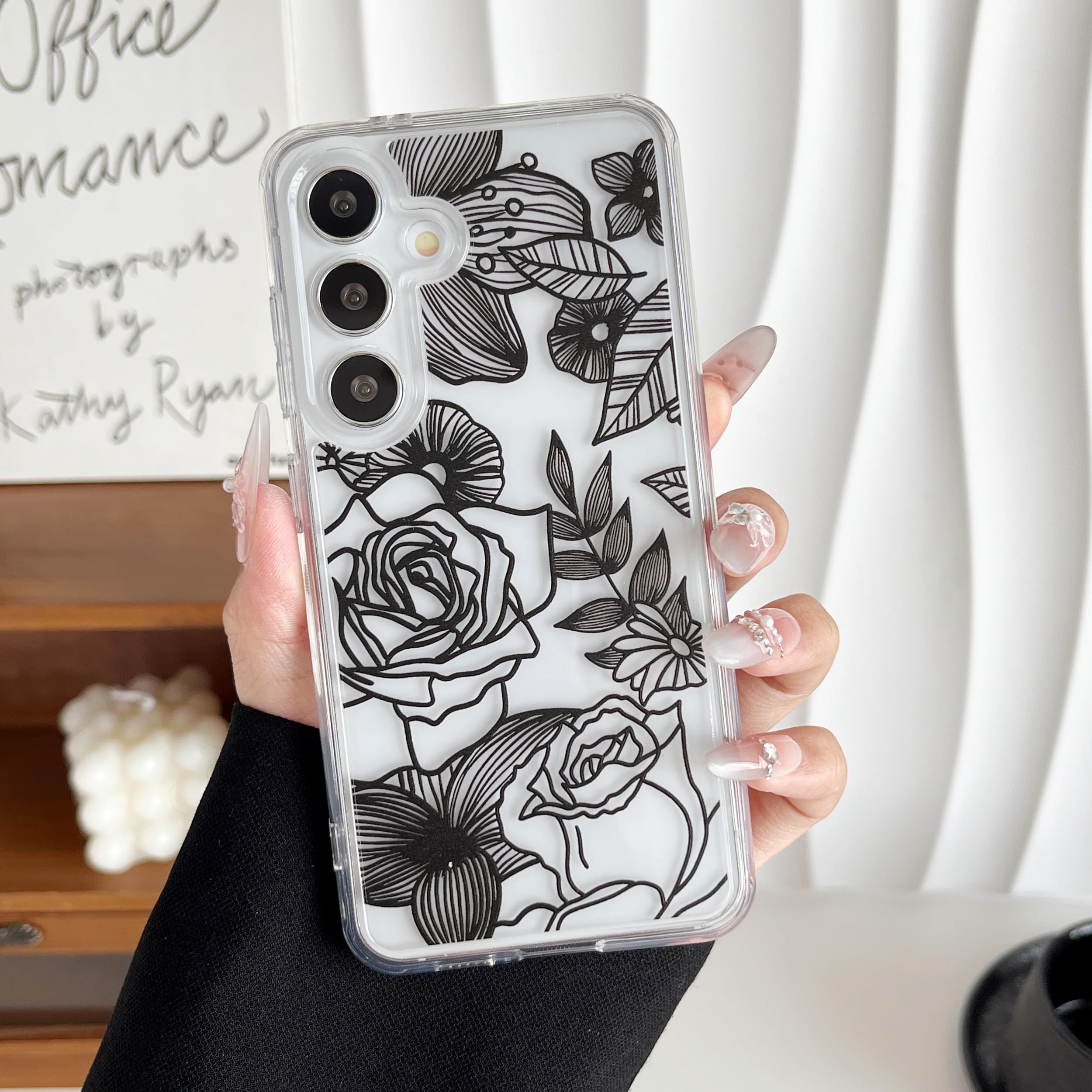 XIZYO Handyhülle Für IPhone 15 Pro – Transparent Mit Rosenmuster, Stoßfest, TPU, Schwarz