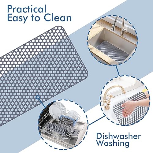Miniatura 241 de Paquete de 2 tapetes de silicona para fregadero de 13.58 x 11.6 pulgadas, protectores para fregadero de cocina con drenaje central, rejilla Gris