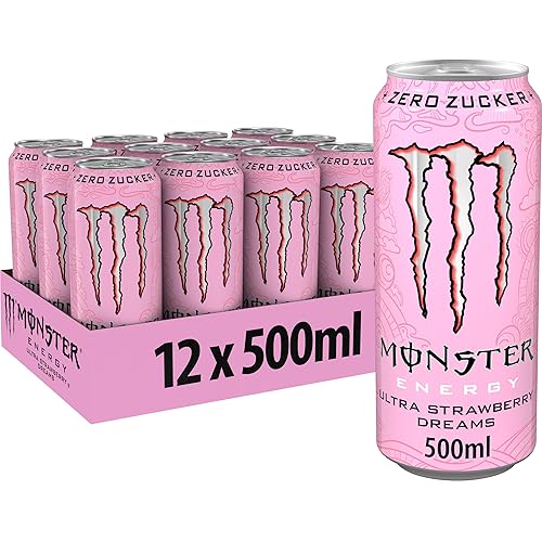 Monster Energy Ultra Strawberry Dreams - koffeinhaltiger Energy-Drink mit süßlich-saurem Erdbeer-Geschmack - ohne Zucker, ohne Kalorien - in praktischen Einweg Dosen (12 x 500 ml)