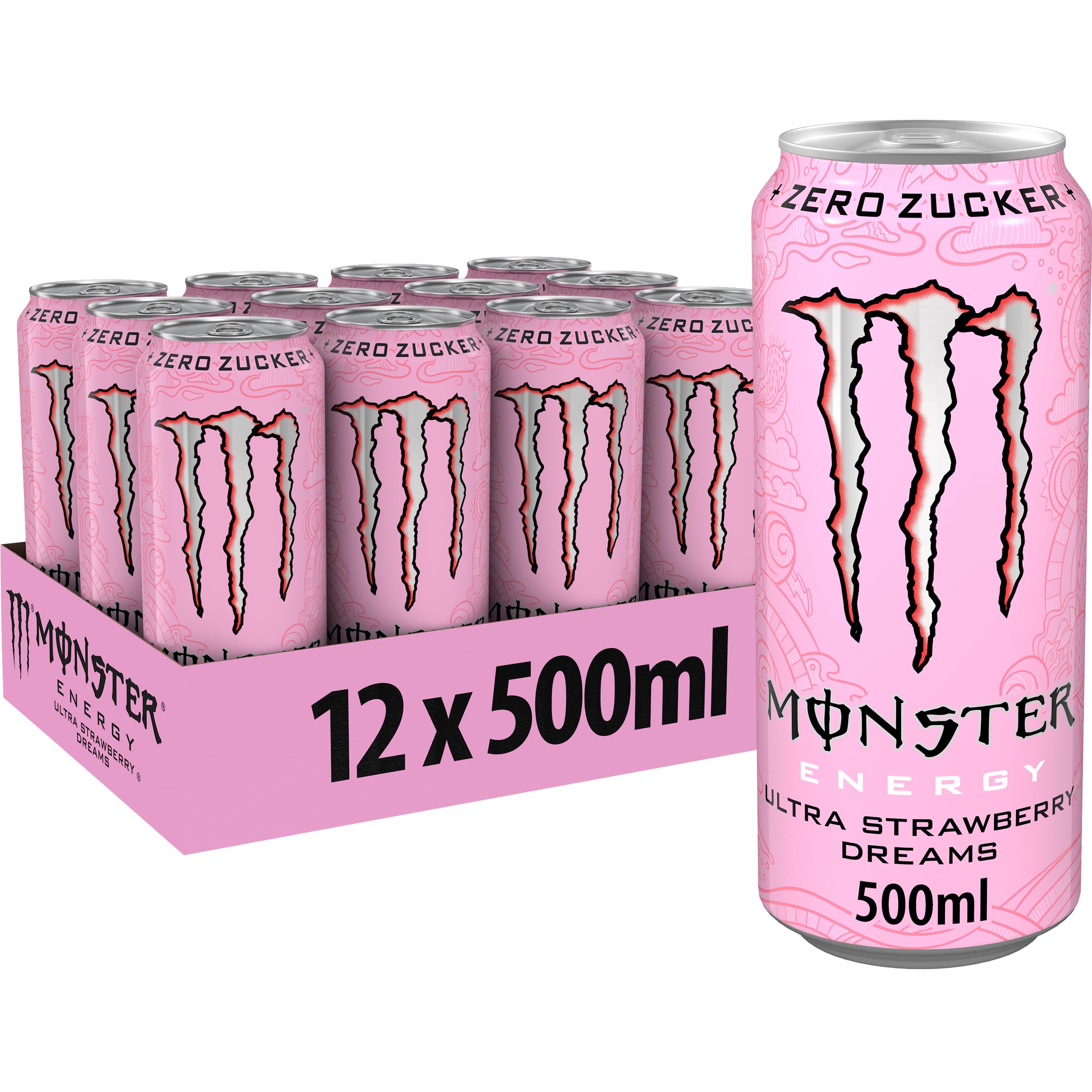 Monster Energy Ultra Strawberry Dreams - koffeinhaltiger Energy-Drink mit süßlich-saurem Erdbeer-Geschmack - ohne Zucker, ohne Kalorien - in praktischen Einweg Dosen (12 x 500 ml)