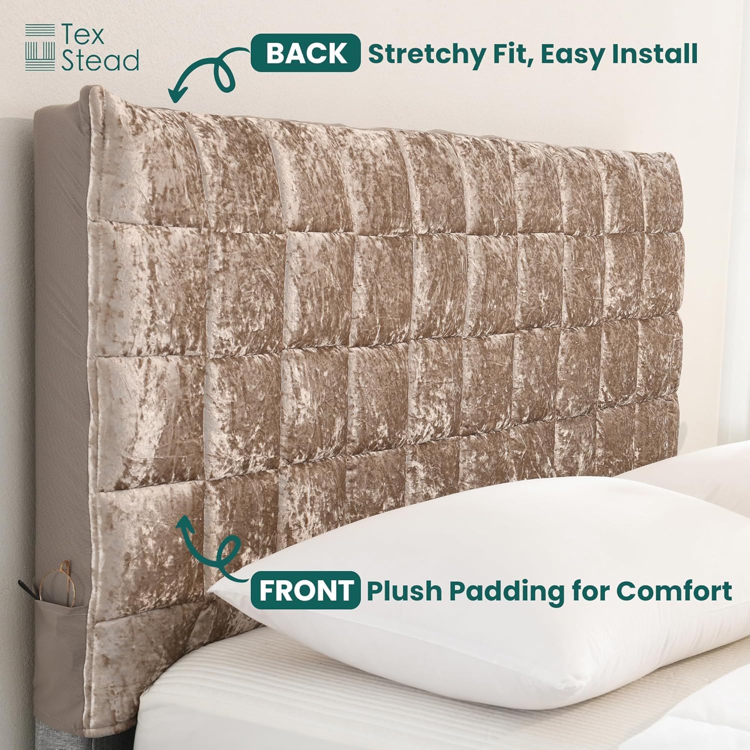 Bettkopfteil Hussen-Verdickter Soft-Stretch Samt-Flanell Bezug, Elastischer Rundumschutz mit Seitentaschen, Staubdichter Schoner für Polsterbett & Schlafzimmer (200 x 70 cm, Gold)