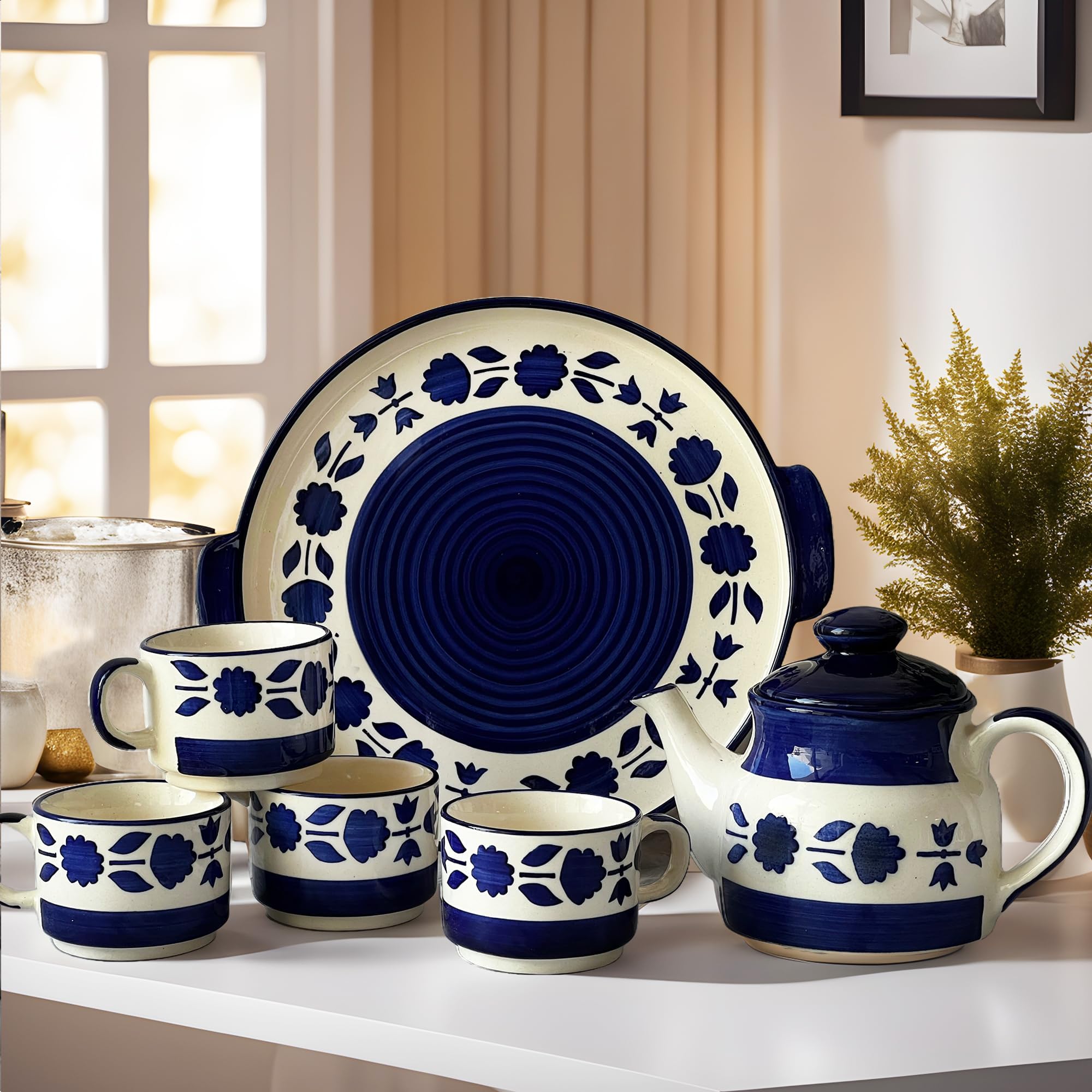 Tea Cup Set with Kettle & Serving Tray | Ceramic Tea Set Handpainted Blue Floral Design| 4 Cups (150ml), 1 Kettle(700ml), 1 Tray (6 Piece Set) Microwave Safe | Best Gift for Moms