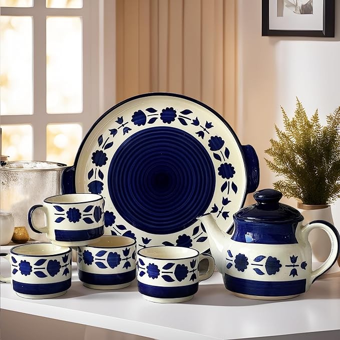 Buy Praahi Lifestyle Tea Cup Set with Kettle & Serving Tray | Ceramic ...