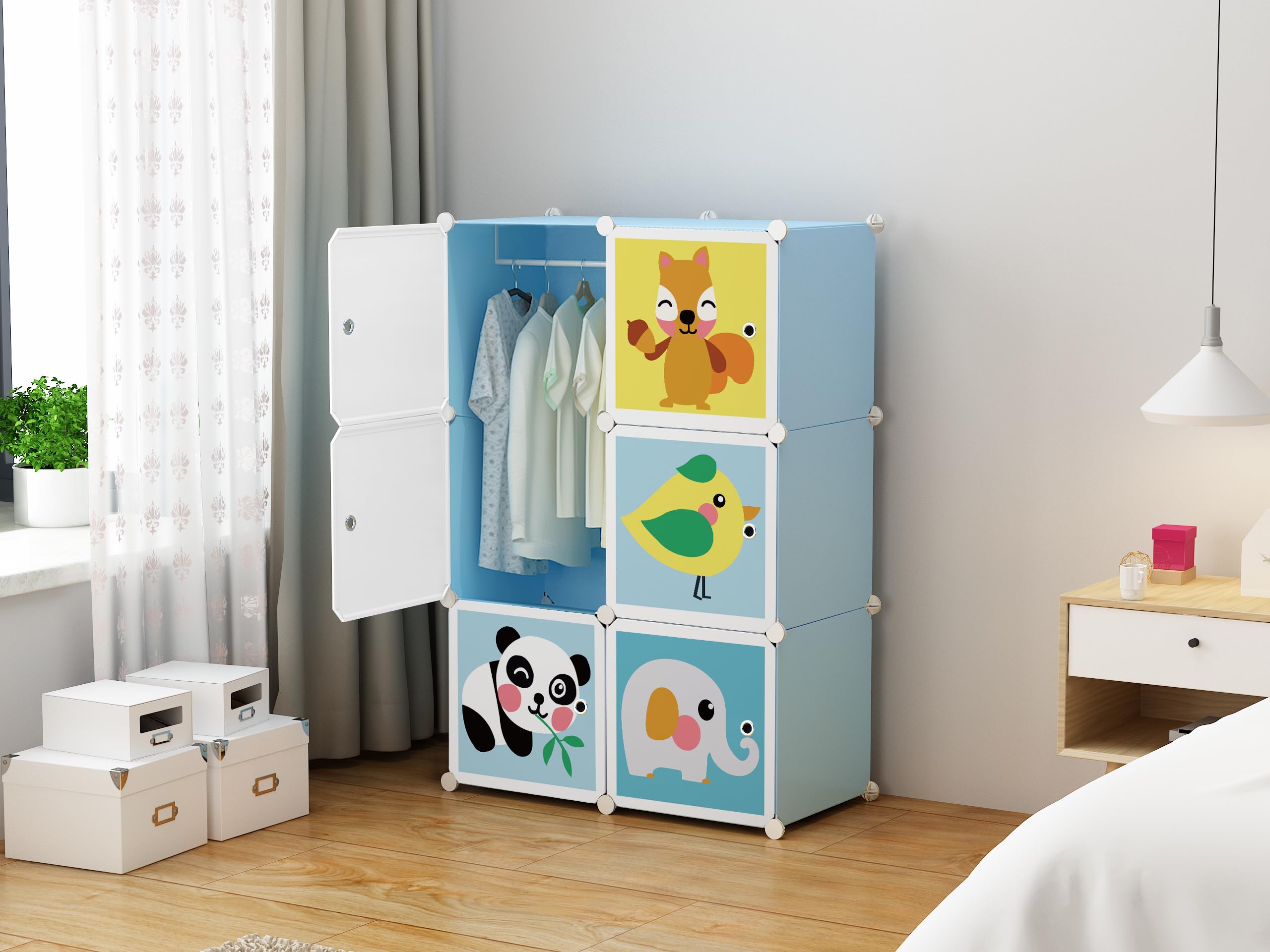 Kid's Wardrobe Cabinet 6 Door Storage Organizer Almirah Rack Shelf for Clothes Living Room Bedroom Yellow Colour (Blue)