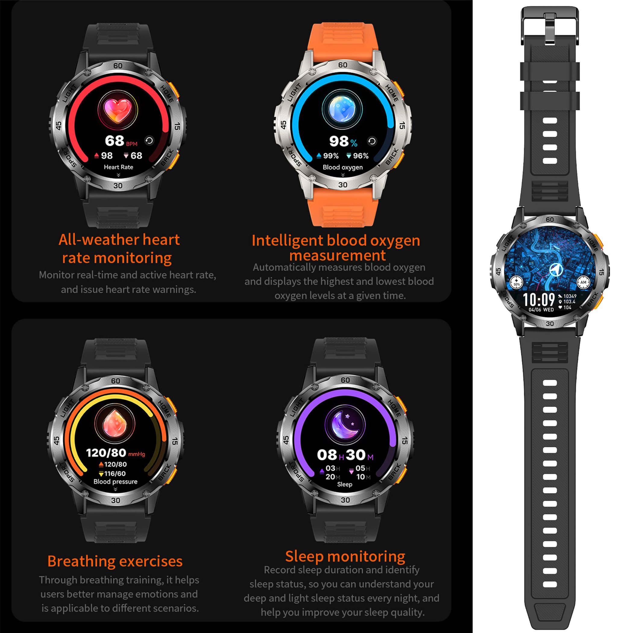 Reloj inteligente para hombre con llamadas Bluetooth, linterna, batería grande de 400mAh, 1,53" AMOLED 5ATM, reloj de fitness con SpO2, medición de presión arterial, frecuencia cardíaca, podómetro