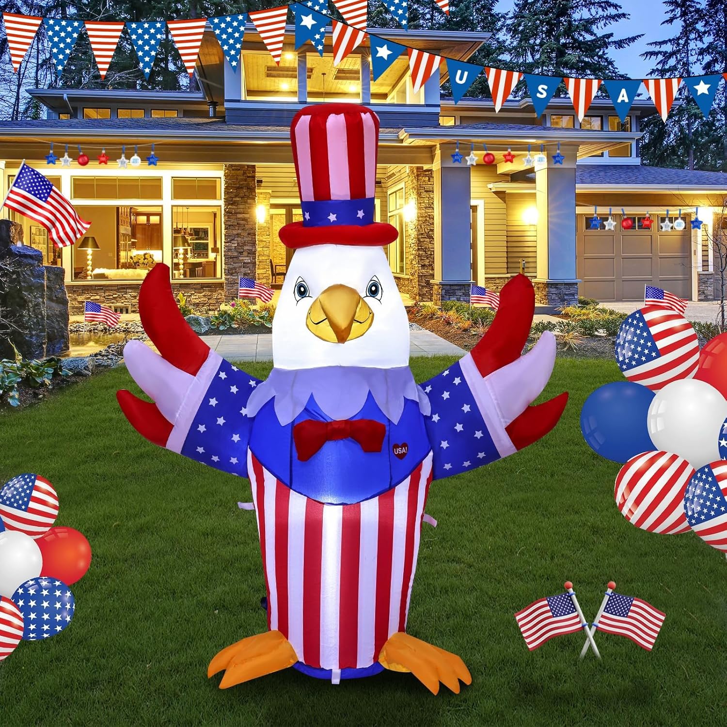 4FT 4th of July Inflatable Patriotic Dog Blow Up Independence Day Dog with LED Lights for Outdoor and Indoor Parties Festival Patio Inflatable Decorations Patriotic Holiday Decorations