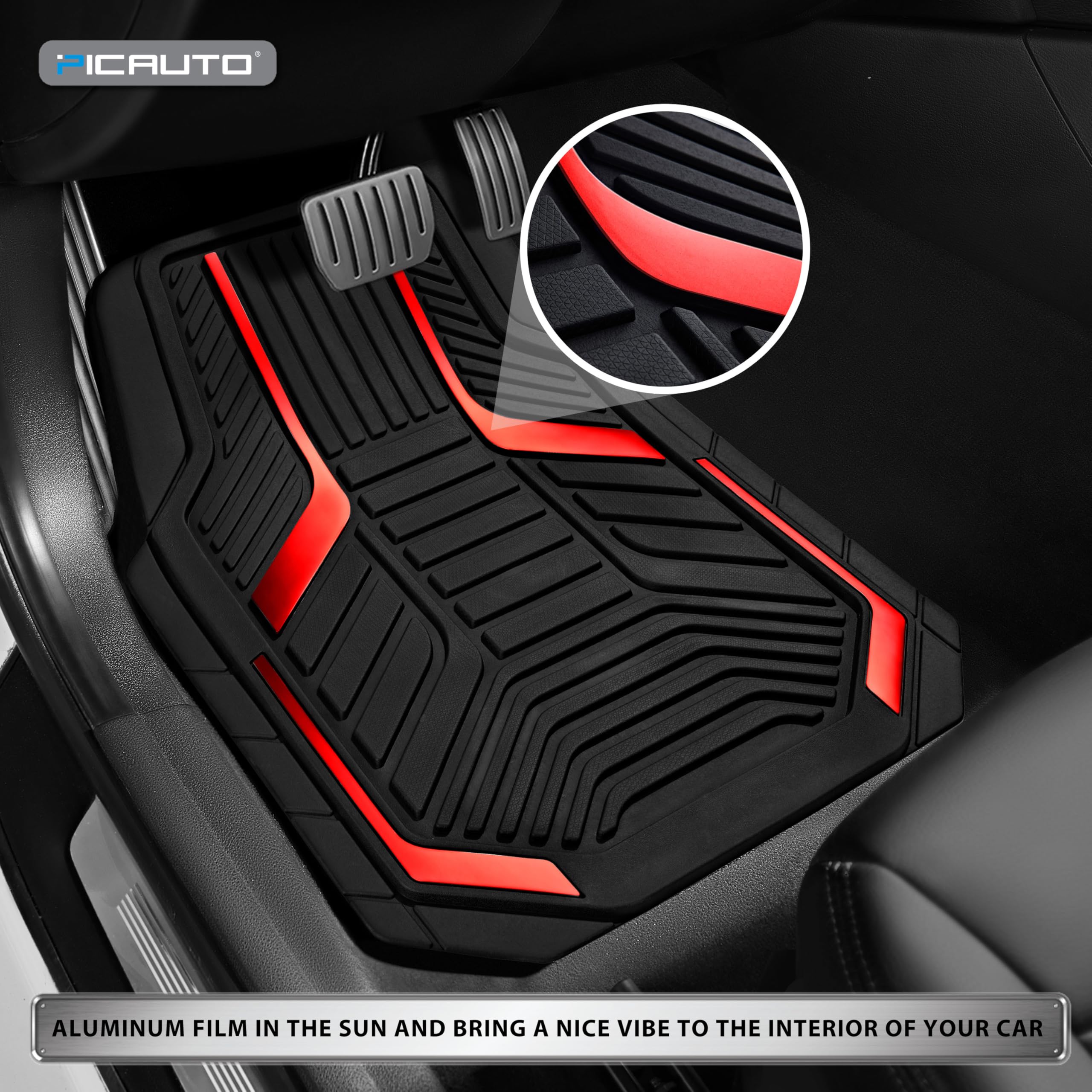 PIC AUTO Heavy Duty Rubber Floor Mats, Red Aluminum Film Car Mats Set, Front and Rear Car Mats with Anti-Slip Backing, All Weather Protection, Trim-to-Fit for Automotive SUV, Sedan, Van