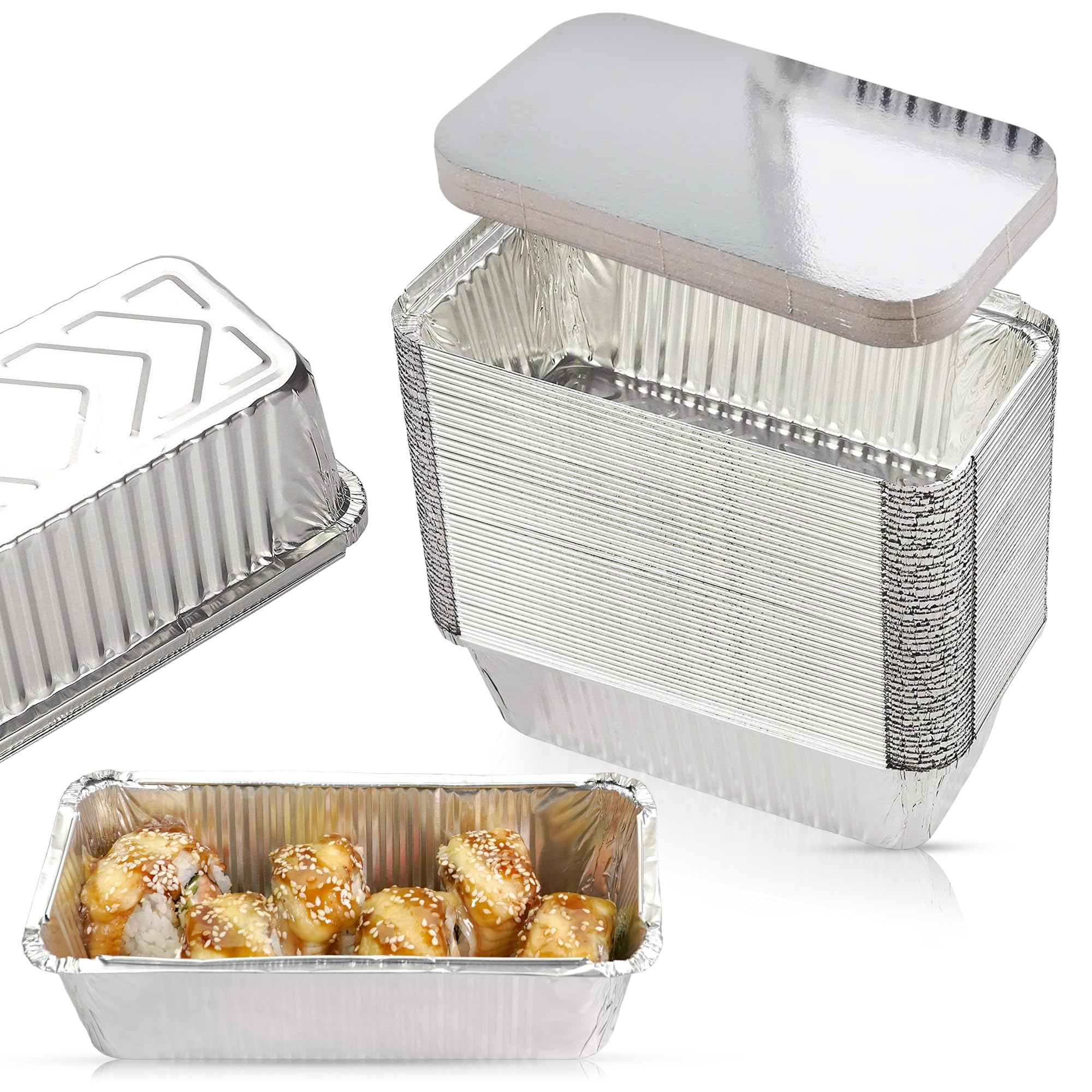 CHEF ROYALE 50x Disposable Aluminum Foil Containers with Lids | Large Disposable Foil Trays Containers | Rectangular Tin Foil Trays for Food Storage, Baking, Roasting, Meal Prep and Takeaway (670ml)