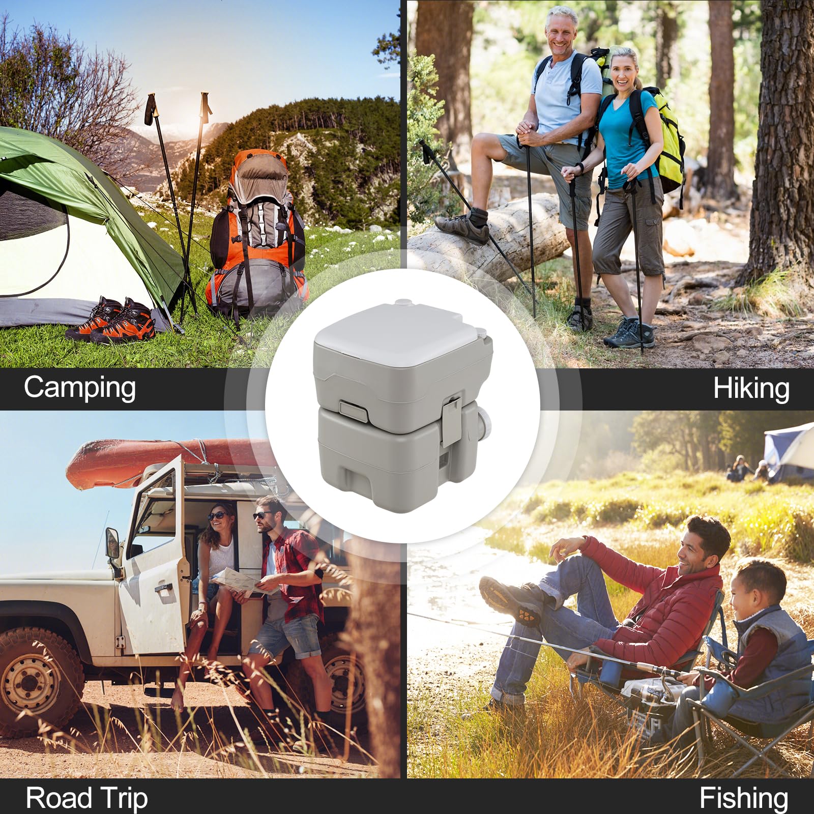 SOARS Toilette Portable Camping, WC Portable avec Pompe de Rinçage, Réservoir d'eau 20L + 10L, Charge 200 KG, Hauteur d'Assise 42 CM, Entonnoir Téléscopique, pour Camping, Voyage, Voiture, Gris