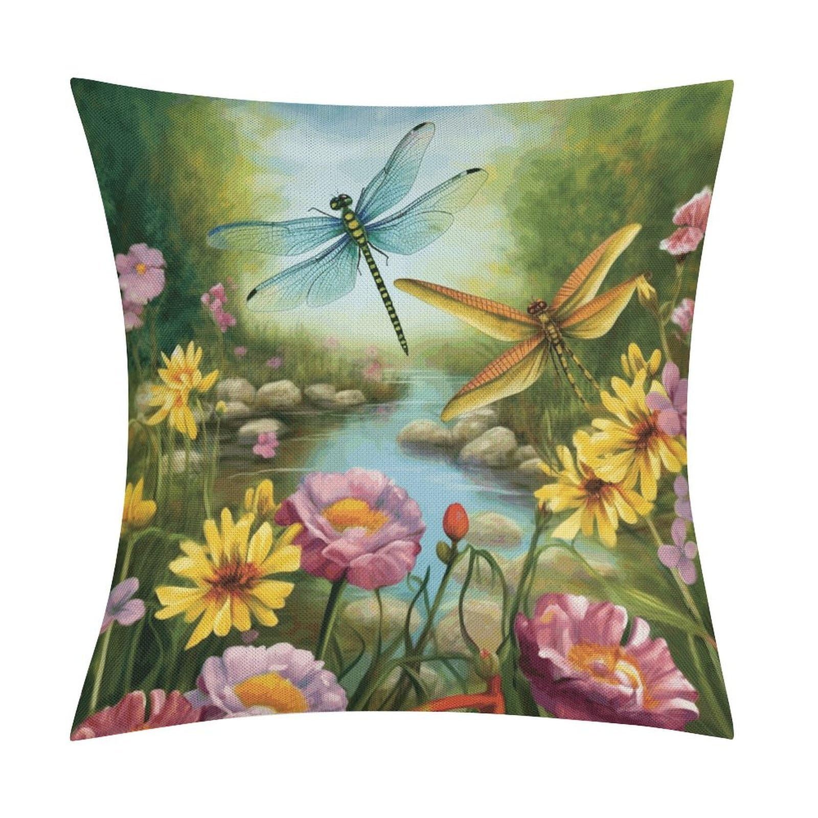 Dragonfly Garden Spring Pillow Covers 18x18 Inch, Pillow Cases Boho Farmhouse, Throw Pillow Covers for Couch Sofa Bed Spring Home Decor