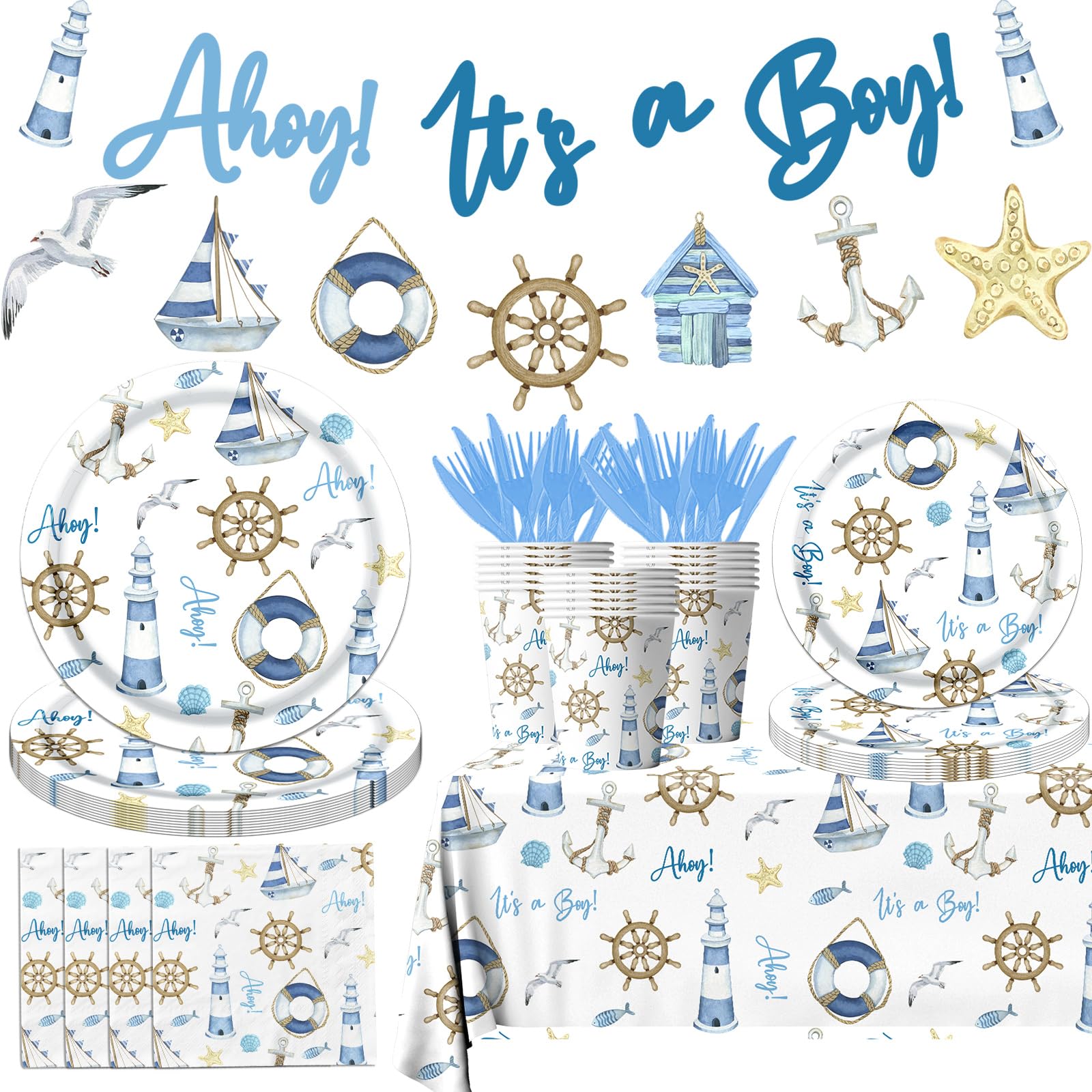 Ahoy Nautical Baby Shower Decorations Tableware - 142pcs Its A Boy Plates and Napkins Supplies, Party Dinnerware Tablecloth for Sailor Theme Decorations