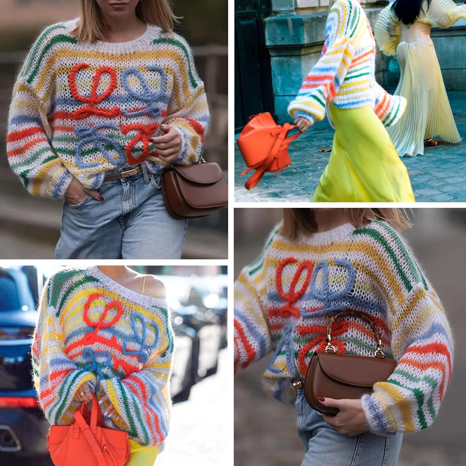Women's Rainbow Striped Fluffy Sweater Pullover Oversized Long Sleeve Fall Casual Loose Chunky Knit Jumpers Tops