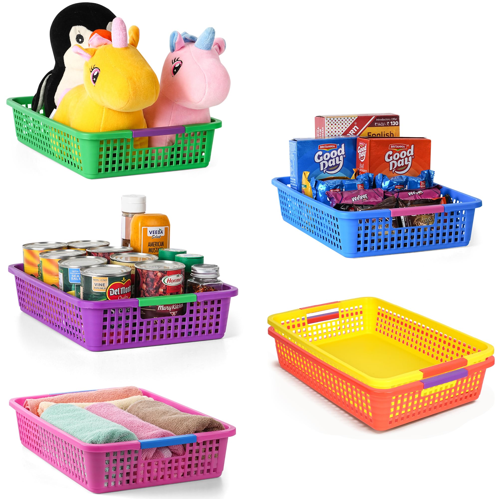 Winter Shore Cestas Almacenaje de Plástico Multicolor para el Aula (Pack de 6) - Organizador Pequeño de Despensa, Juguetes y Más - Organizador Cocina - Caja Almacenaje de Libros para la Biblioteca