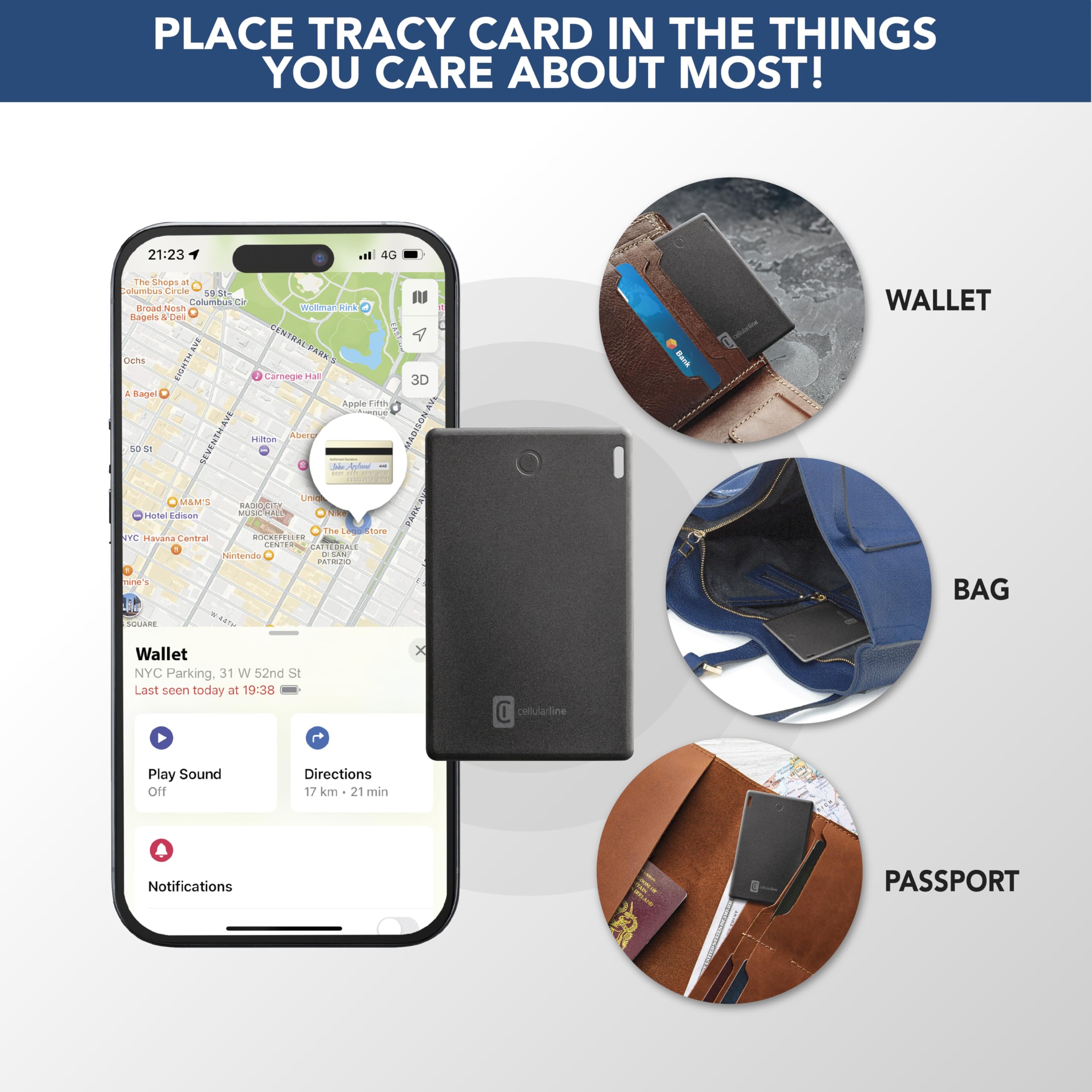 Cellularline - Tracy Card - Localizador de Objetos en Forma de Tarjeta - Extremadamente Delgado y portátil - Batería de Larga duración: 4 años - Compatible con App Find My (Apple) - Negro