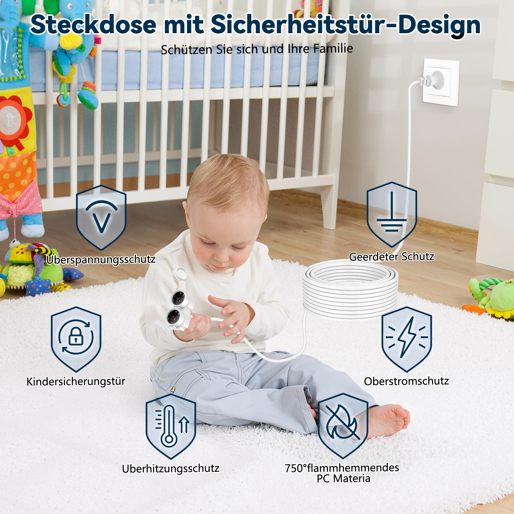 Stromkabel Verlängerung, Aussensteckdose wasserdicht mit 2 Steckdosen und Staubschutzabdeckungen, Steckdosenverlängerung für Innen und außen,Max 3500W/16A 250V,IP44, 10M Stromkabel(Weiß)