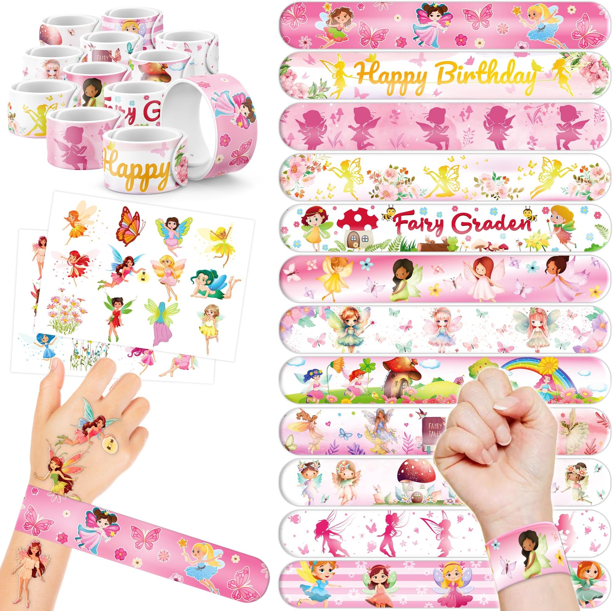 48PCS Fairy Party Favors - 24 Tattoos & 24 Slap Bracelets, Ideal for Fairy-Themed Birthdays, Baby Showers, and Classroom Rewards for Kids