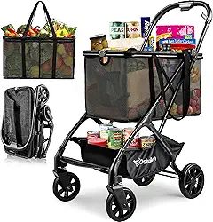 Carrinho de compras dobrável atualizado com rodas, carrinho de compras dobrável de 34 kg com cesta removível e rodas de 360°, dobrável com um clique, carrinho de compras portátil pessoal para