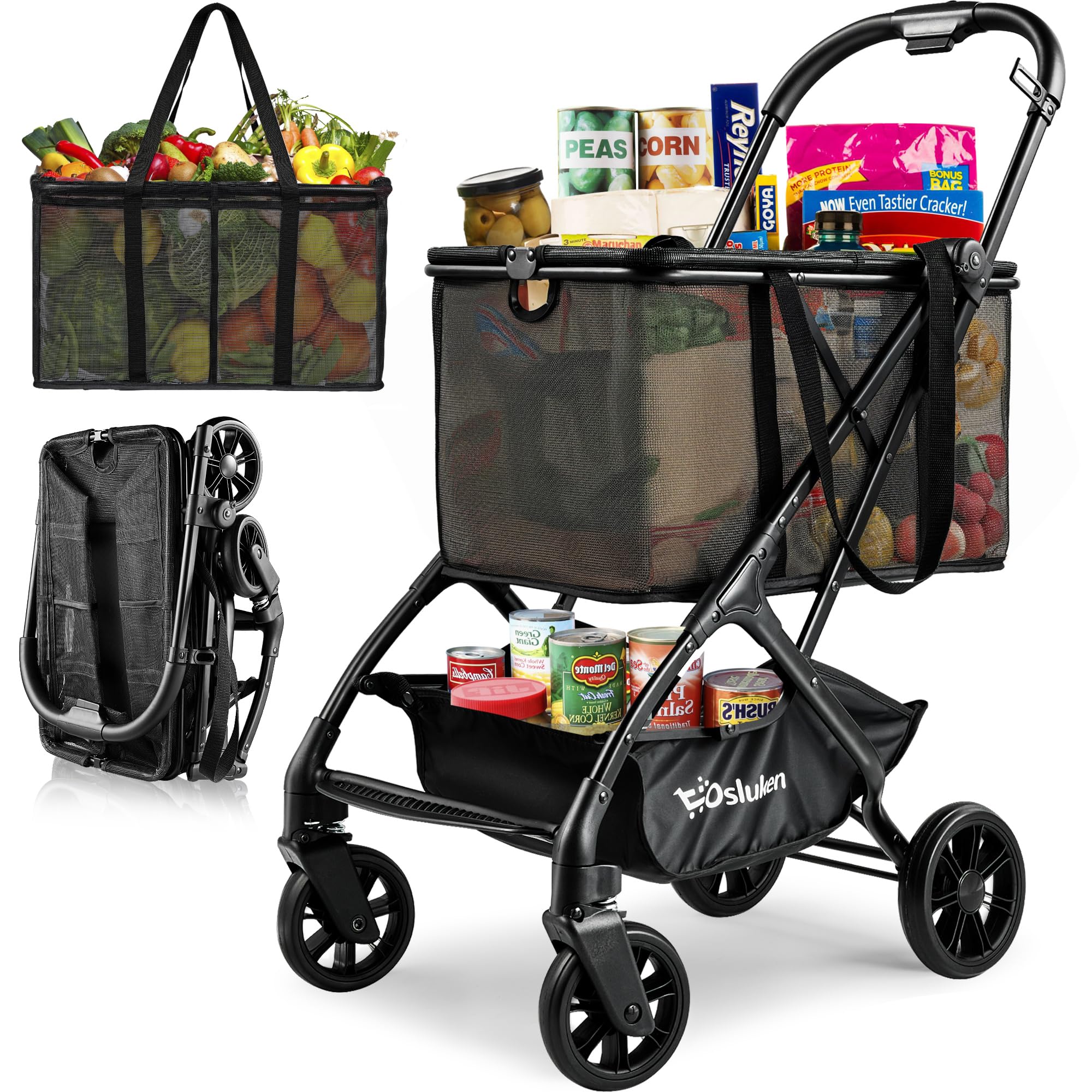 Upgraded Folding Shopping Cart with Wheels, 75Lbs Collapsible Grocery Cart with Removable Basket&360° Wheels, One-Click Folding, Personal Portable Shopping Cart for Groceries, Laundry, Camping
