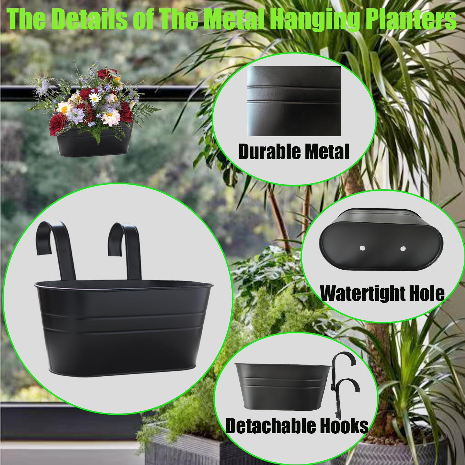 TINGSING 4 PCS Metal Hanging Flower Pots 27cm Large Fence Planters Outdoor with Detachable Hooks Hanging Plant Pots Outdoor Balcony Planters for Railing Garden - Image 4