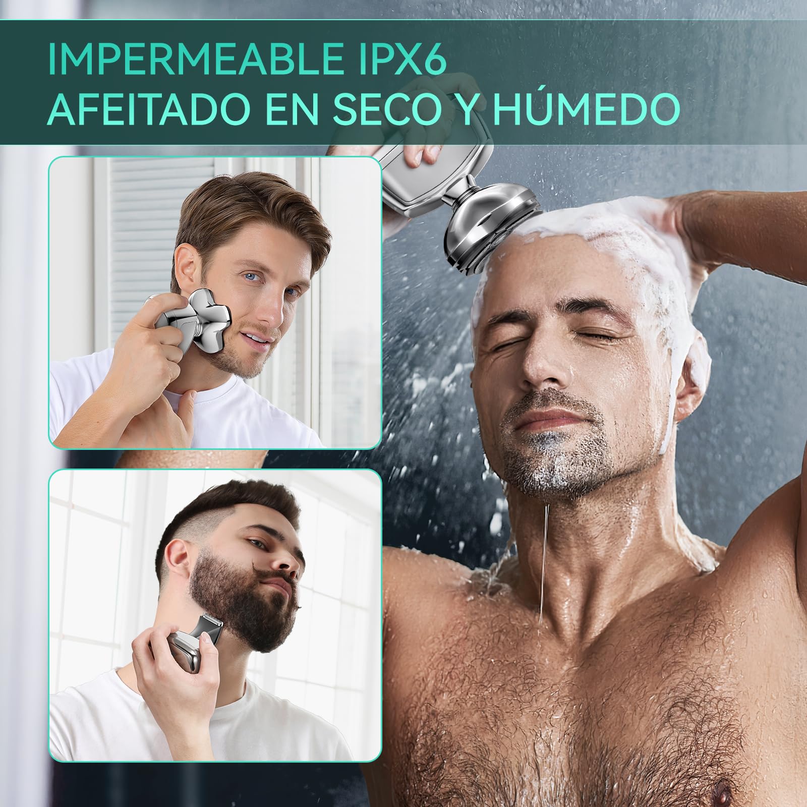 Kensen Afeitadora Cabeza Hombre 3 en 1, IPX6 Impermeable Maquina Afeitar Cabeza para Calvo con Cabezales Magnéticos 5D, Cortapelos y Nariz, Afeitado en Seco y Húmedo, Carga USB-C