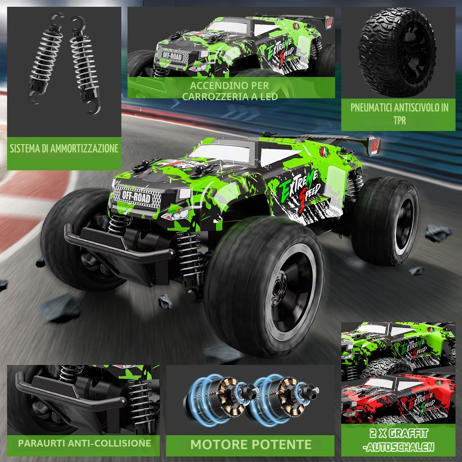 Auto telecomandata a partire dai 3 anni, 1:18 monstertruck telecomandato 20 km/h, monster truck telecomandato con luce della carrozzeria/due alloggiamenti, 2,4 GHz, rc auto