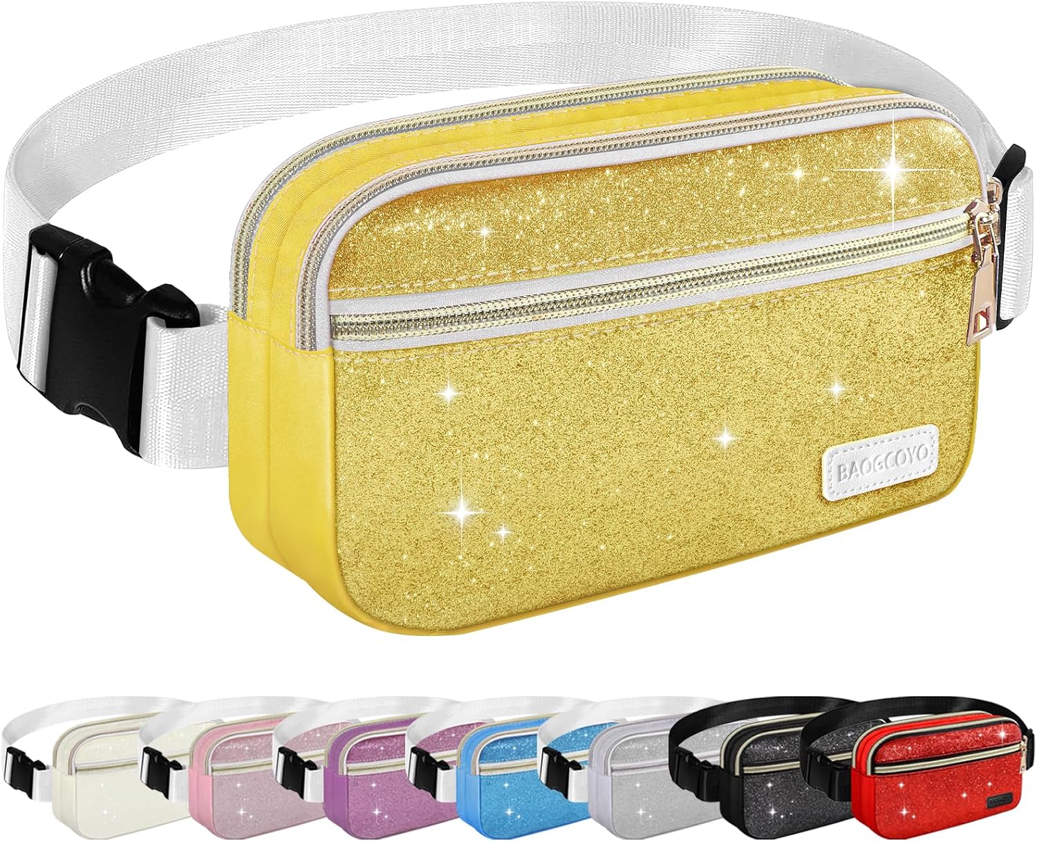 Fanny Packs for Women Men Mini Fashion Glitter Waist Packs with Adjustable Strap and 3 Zipper Pockets Everywhere Crossbody Belt Bag for Outdoors Running Travelling (Black Bling Sparkle)