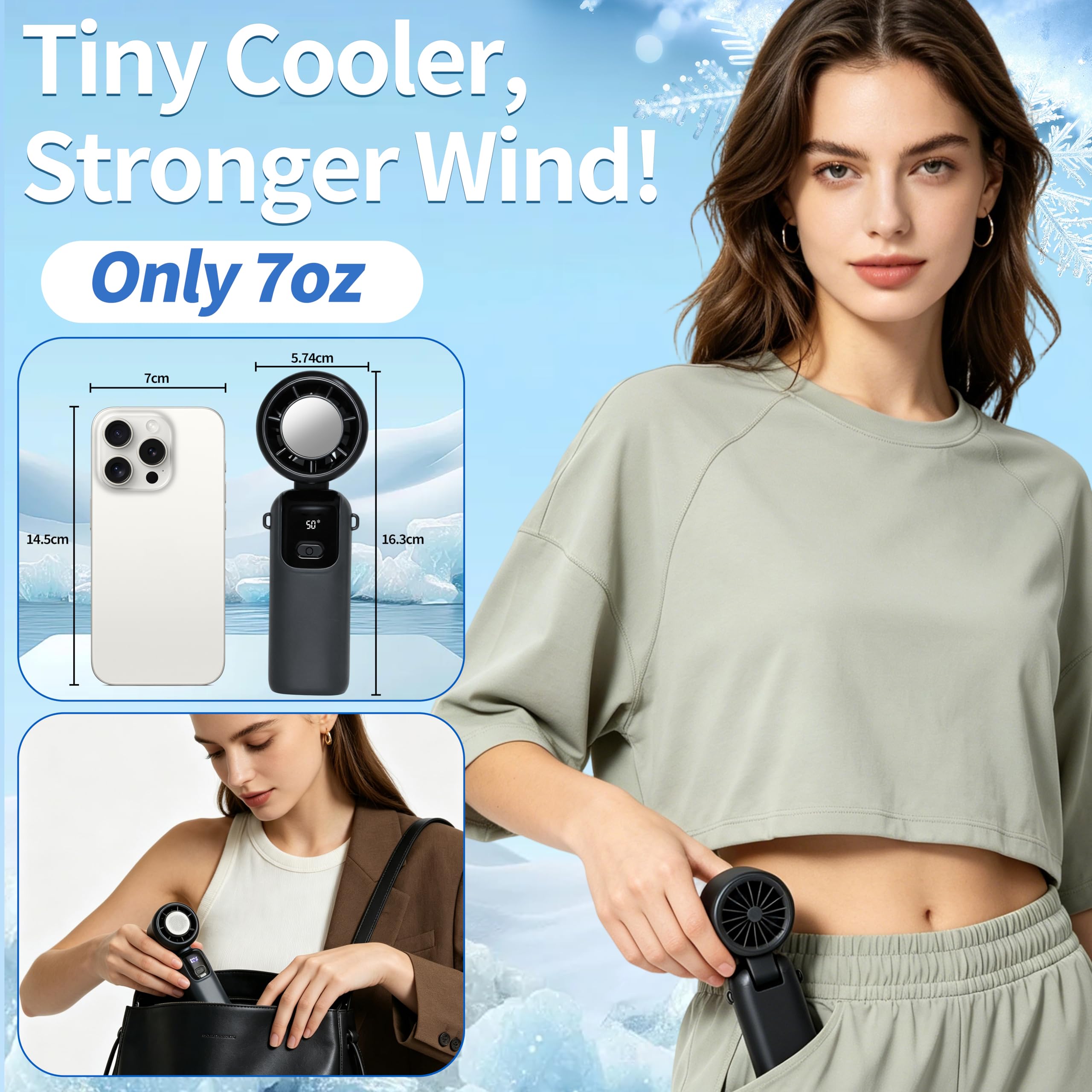 Tragbarer Turbo-Ventilator mit Eiskühler, 5-Gang-Mini-Ventilator mit LED-Display, 199 Geschwindigkeiten, persönlicher Handventilator, faltbarer Hals-Ventilator mit Umhängeband für Outdoor