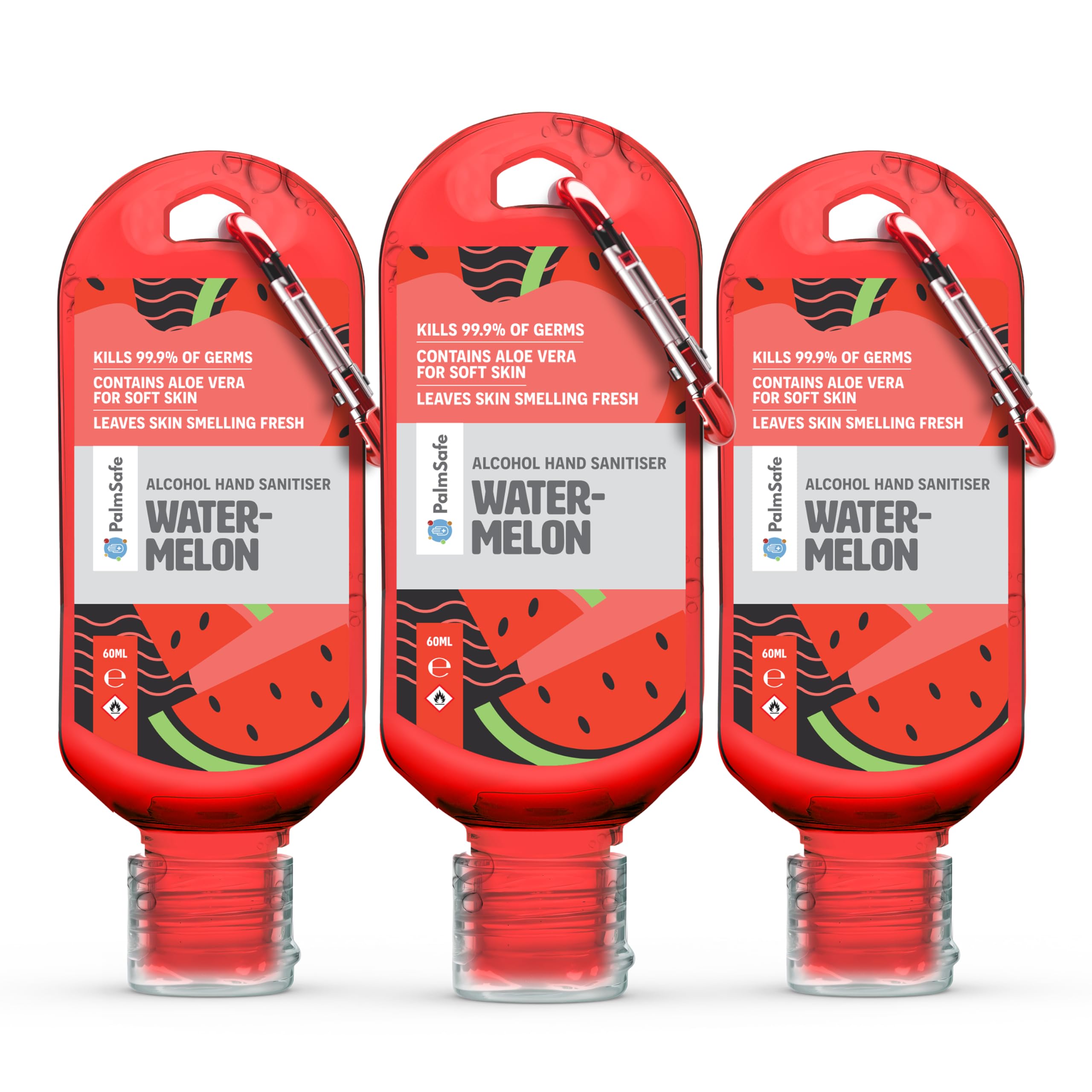 Palm Safe Watermelon 3 Pack 60ml Anti Bacterial Premium Hand Sanitiser Travel Size Refillable Clip Bottle Quick Drying Non Sticky Extra Moisturising Kills 99.9% of Viruses and Bacteria