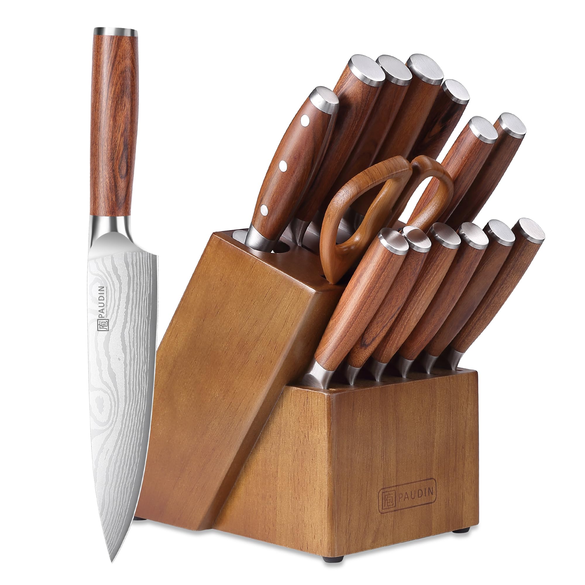 PAUDIN 16-Piece Kitchen Knife Set with Block, Built-in Sharpener, Ultra Sharp 5Cr15Mov Stainless Steel Chef Knives, Natural Wood Handles, Steak Knives, Scissors & Honing Rod, Complete Cutlery Set
