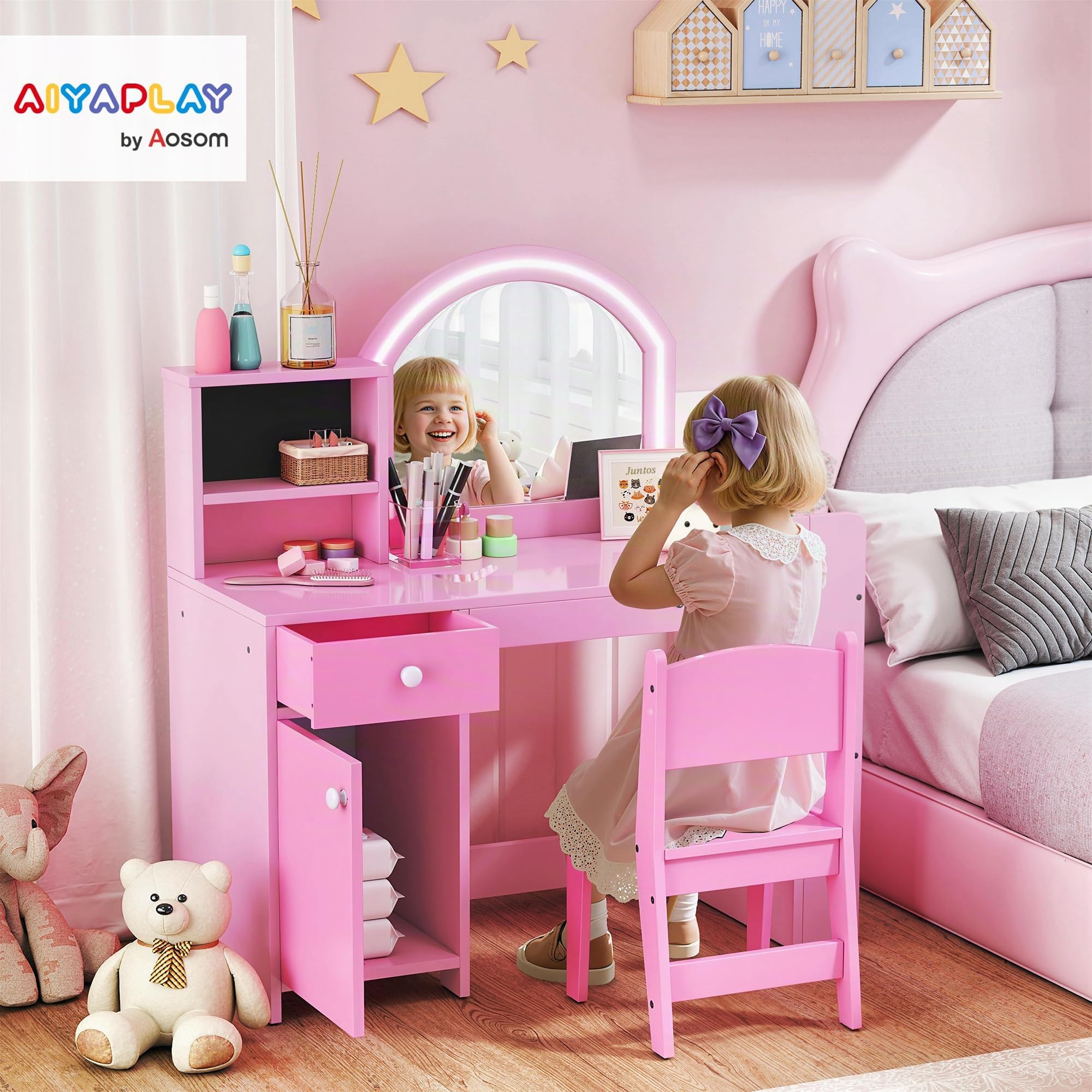 AIYAPLAY Tocador infantil con taburete y espejo LED, tocador de madera para niña con cajón, armario, 2 compartimentos abiertos y 3 estantes, mesa de maquillaje para niños de 3 a 8 años, rosa