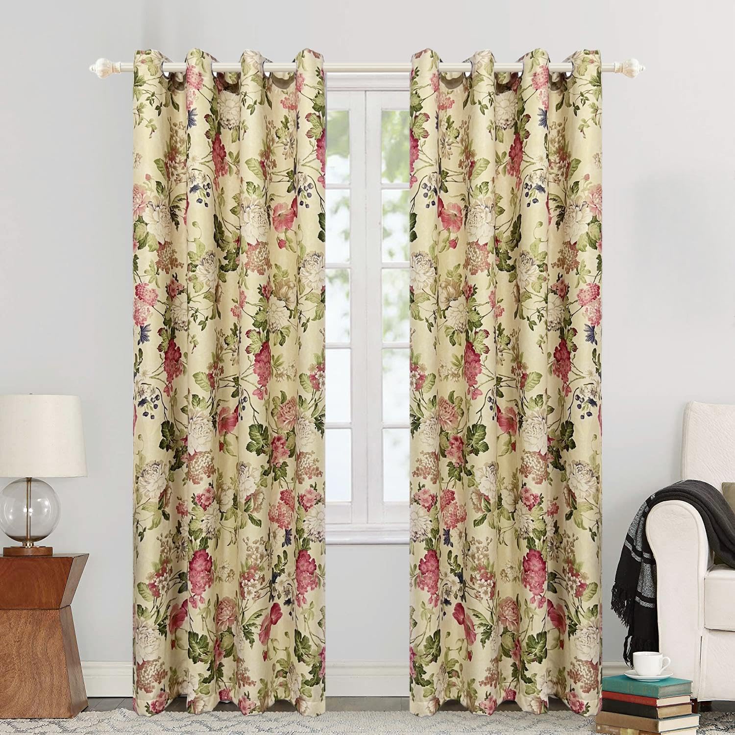 Rose Fleur Isolé Thermique Fenêtre Rideaux Ancien Bohémien Fleur Lumière Blocage Rideau Haut œillet Bruit Réduire 3D Imprimer Décoratif Fenêtre pour Chambre à coucher, B118 cm x L137 cm x 2 Stück