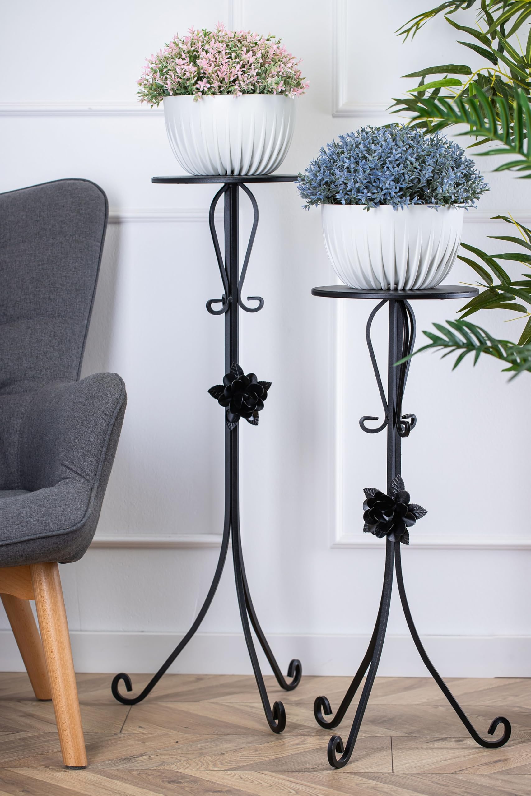Portavaso rotondo in metallo, altezza 75 cm, realizzato a mano, in metallo, con elementi decorativi, supporto per fiori per il soggiorno e la camera da letto