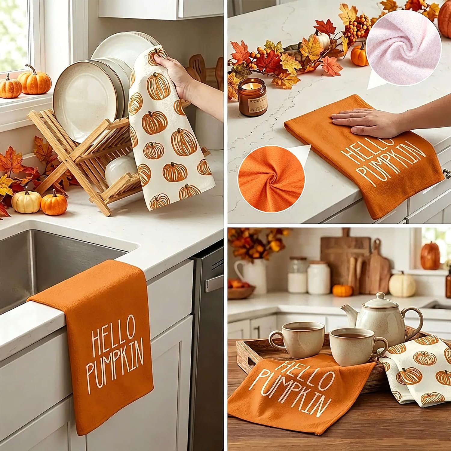AnyDesign 2 Pcs Fall Kitchen Towels Hello Pumpkin Waffle Dish Towel Orange Pumpkin Hand Drying Tea Towel for Autumn Harvest Thanksgiving Home Bathroom Housewarming Decor