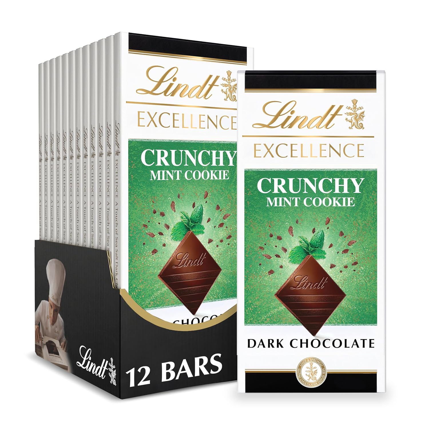 Lindt EXCELLENCE Crunchy Mint Cookie Dark Chocolate Candy Bar, 3.5 oz., 12 Pack