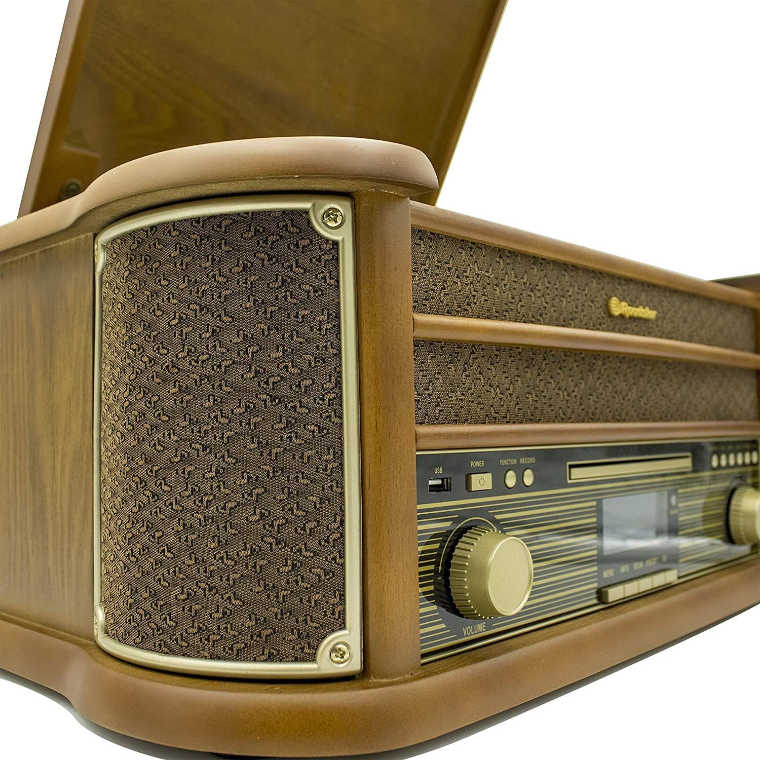 Roadstar HIF-1993BT Platine Vinyle Vintage 3 Vitesses 33/45/78, Radio FM, Lecteur CD/CDR/CDRW/CD-MP3, Cassette, Bluetooth, USB Fonction d'enregistrement, Télécommande, Rétro en Bois