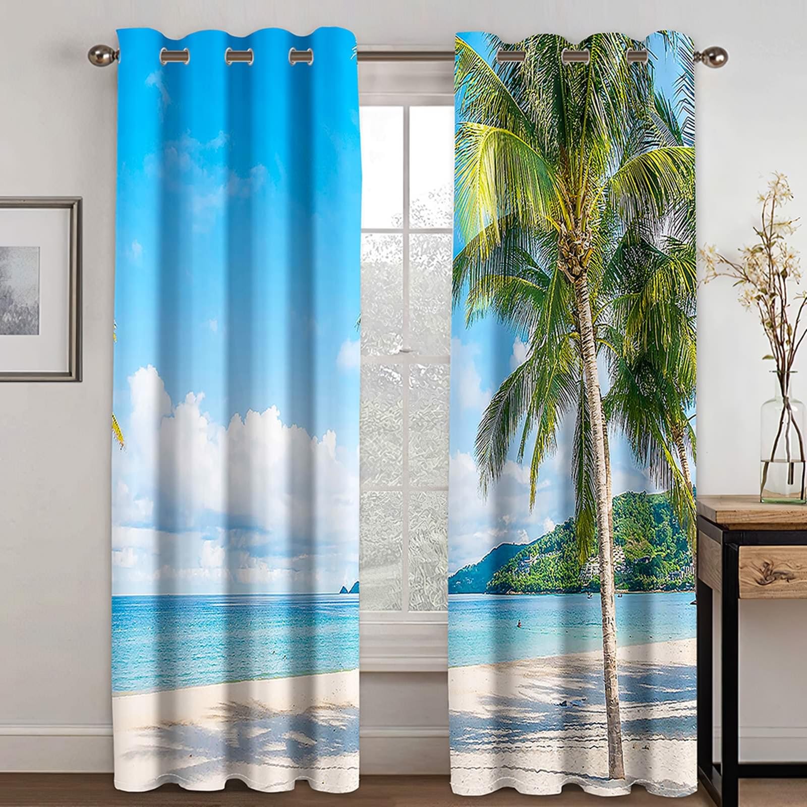 Verdunklungsvorhänge mit Ösen, Gardinen Blickdicht Meer Strand Palmen Landschaft 2er Set H 214 x B 152 cm Abdunkelnde Vorhänge für Wohnzimmer