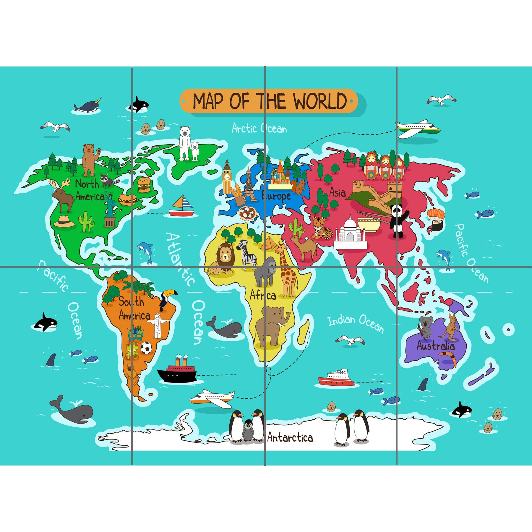 Artery8 World Map With Landmarks And Animals XL Giant Panel Poster (8 Sections)