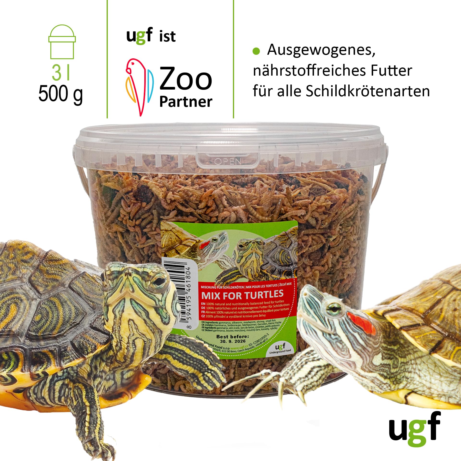 UGF - Mezcla Universal de alimento para Tortugas - 500 g en un Cubo de 3 litros, alimento equilibrado para Tortugas, gammarus, Gusanos de Seda, Gusanos de la harina, camarones y Pescado seco
