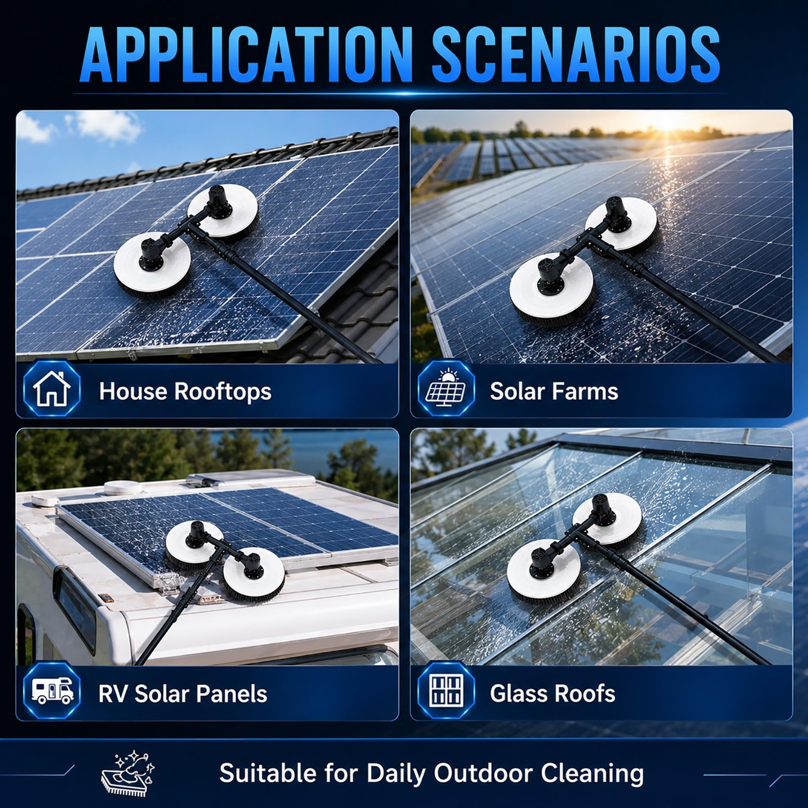Limpiador Eléctrico para Paneles Solares – Cepillo de Nylon Doble Cabezal con Manguera de Agua de 20 m 7.5m(24.6ft)