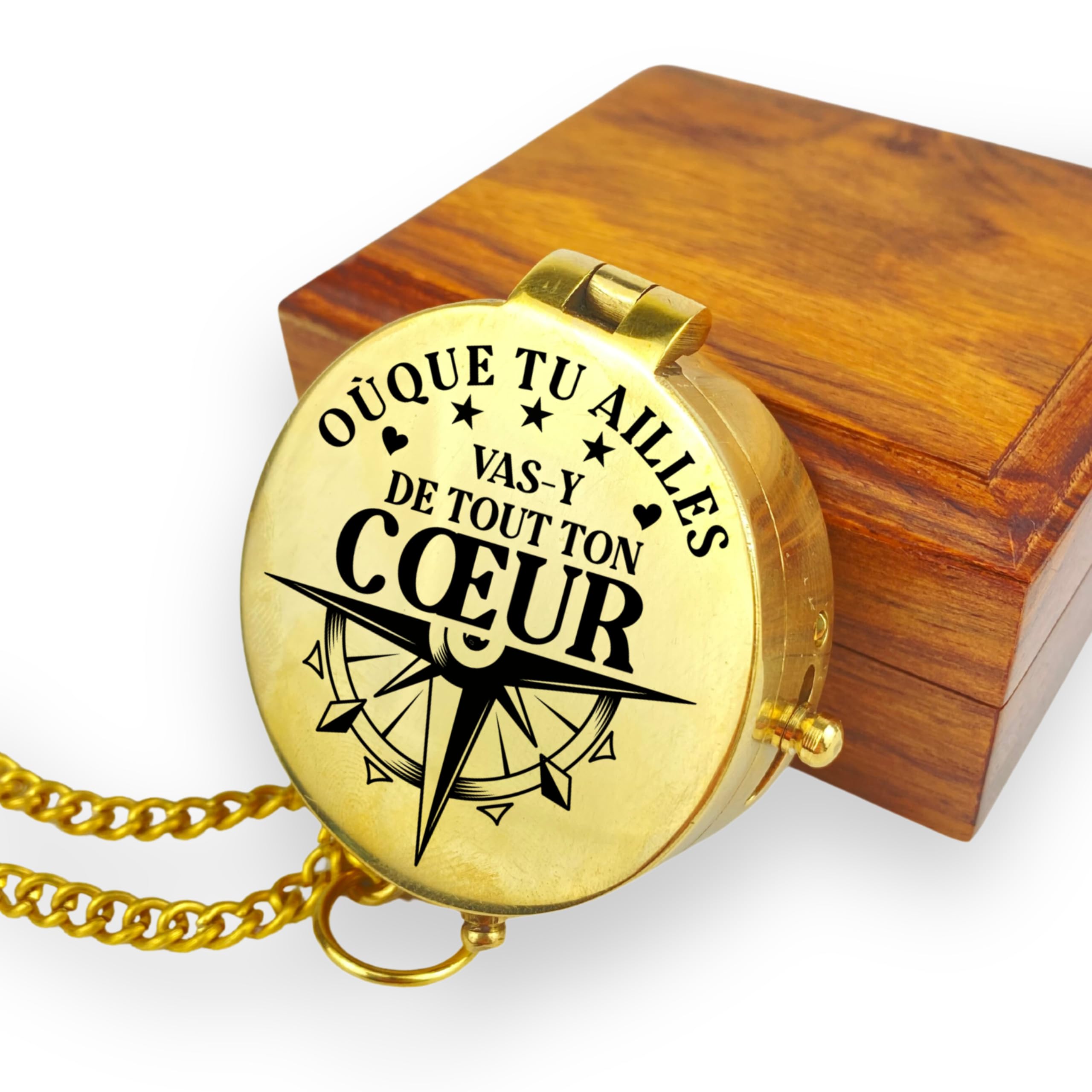 Boussole personnalisée avec Gravure Votre nom ou Texte Maritime, Divers Designs, en Laiton avec étui en Cuir, boîte Cadeau, idée Cadeau (Poli/Brillant)
