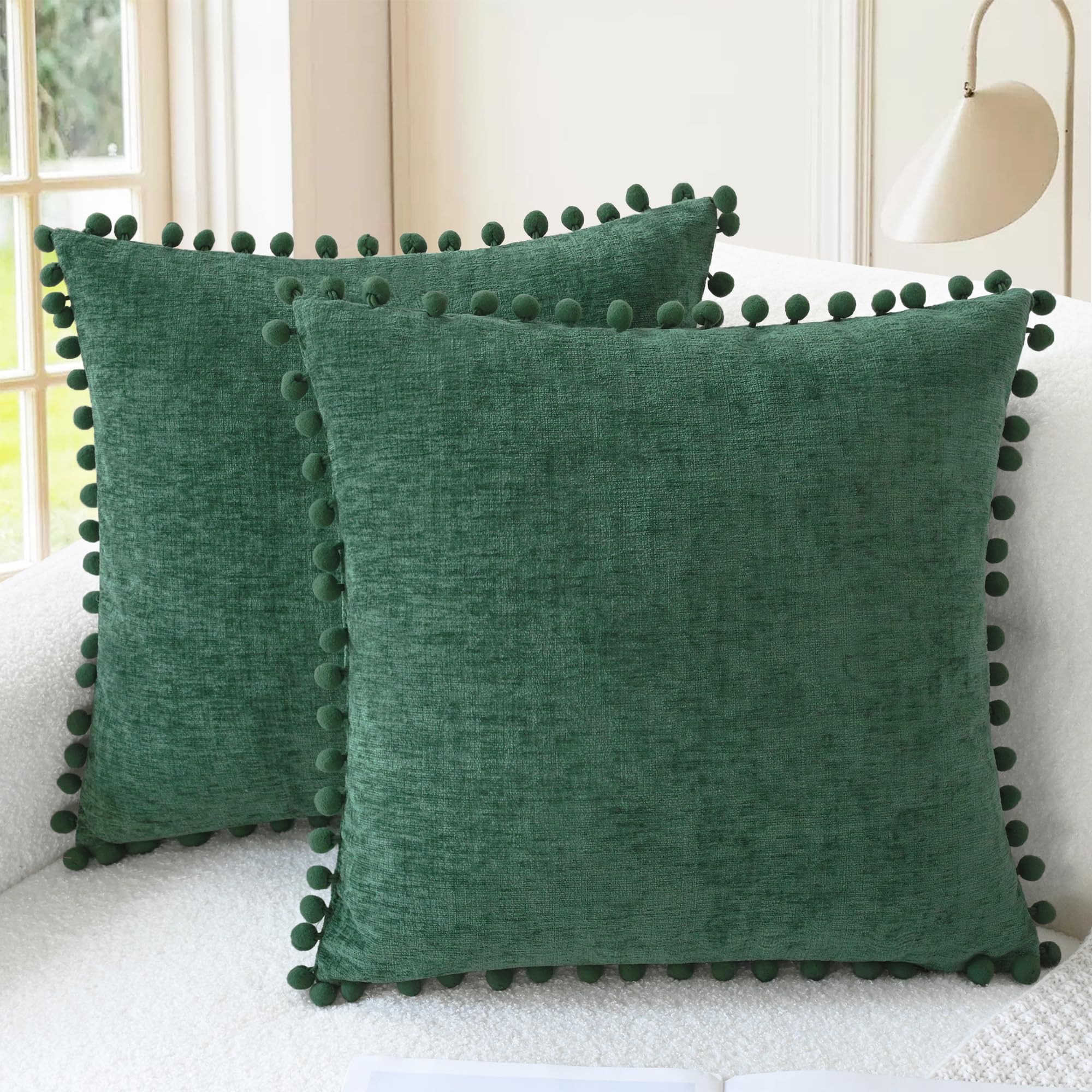 CaliTime Throw Pillow Cases Pack of 2 Cozy Solid Dyed Soft Chenille Cushion Covers with Pom Poms for Couch Sofa Home Decoration 50 x 50cm Dark Green