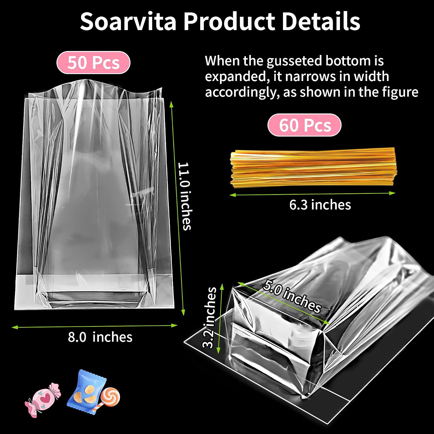 Soarvita Cellophane Bags 8x11x3.2 Inch, 50 Pcs Clear Plastic Gift Bags with Bottom Gusset for Stand-Up Display, Medium Cello Gift Wrap for Goodies, Treat, Candy, Party Favors, Includes 60 Gold Ties