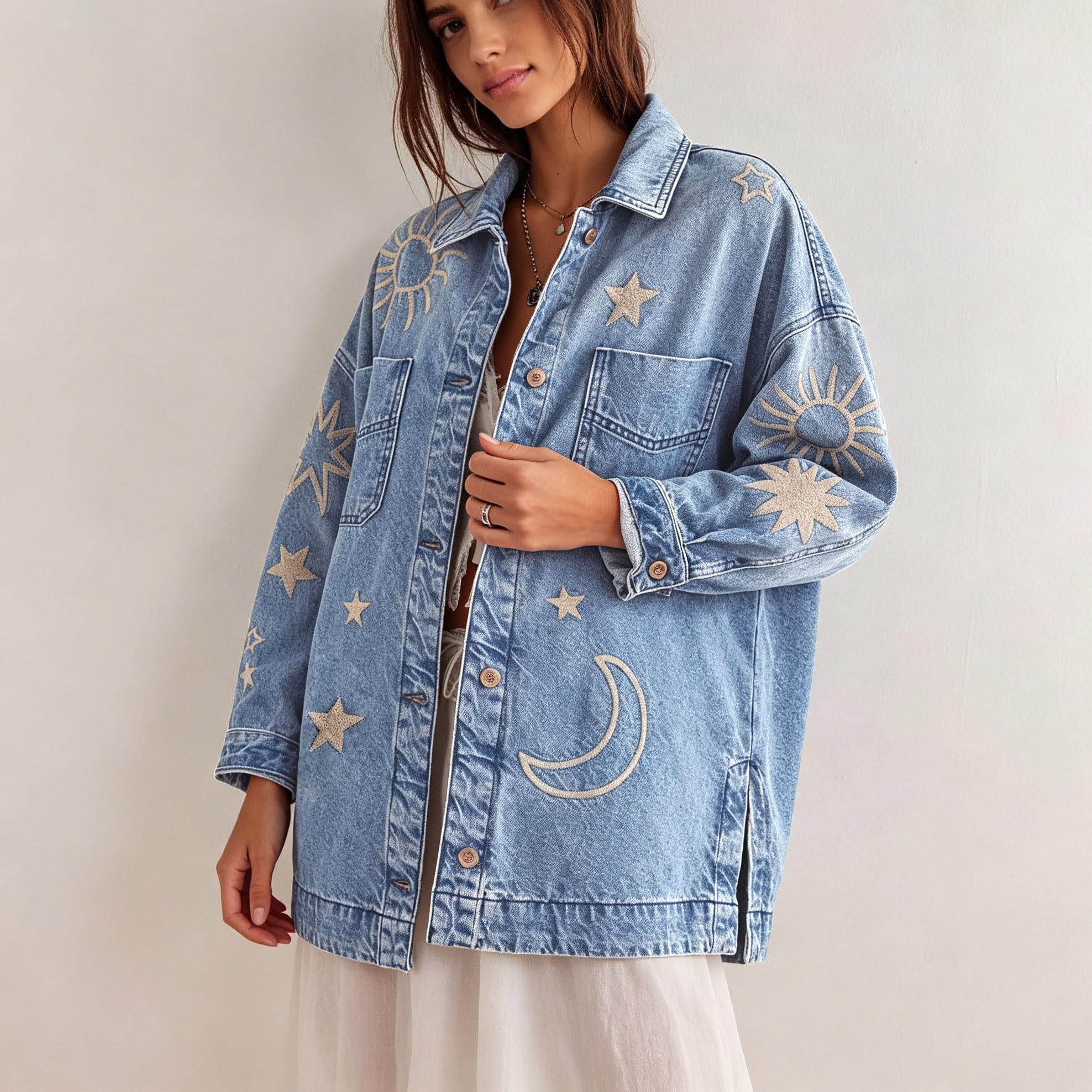 utcoco Chaqueta de mezclilla vintage de gran tamaño para mujer, bordada, casual, holgada, con botones