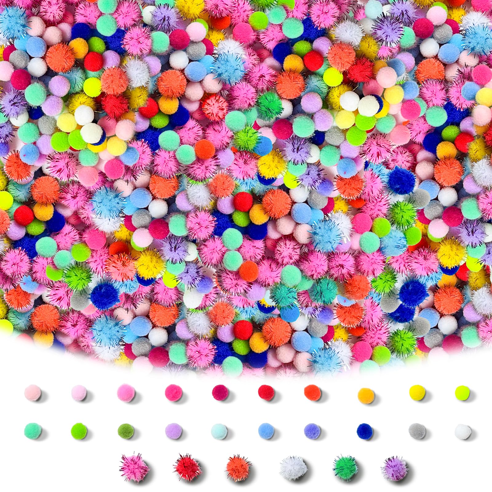 RITOLLO 1200 Pieces 8mm Pom Poms Craft Bulk, Mini Soft Fluffy Colourful Pompoms for Kids Craft Supplies and School Projects DIY Art Decorations for Classroom, Parties, Spring and Easter Crafts