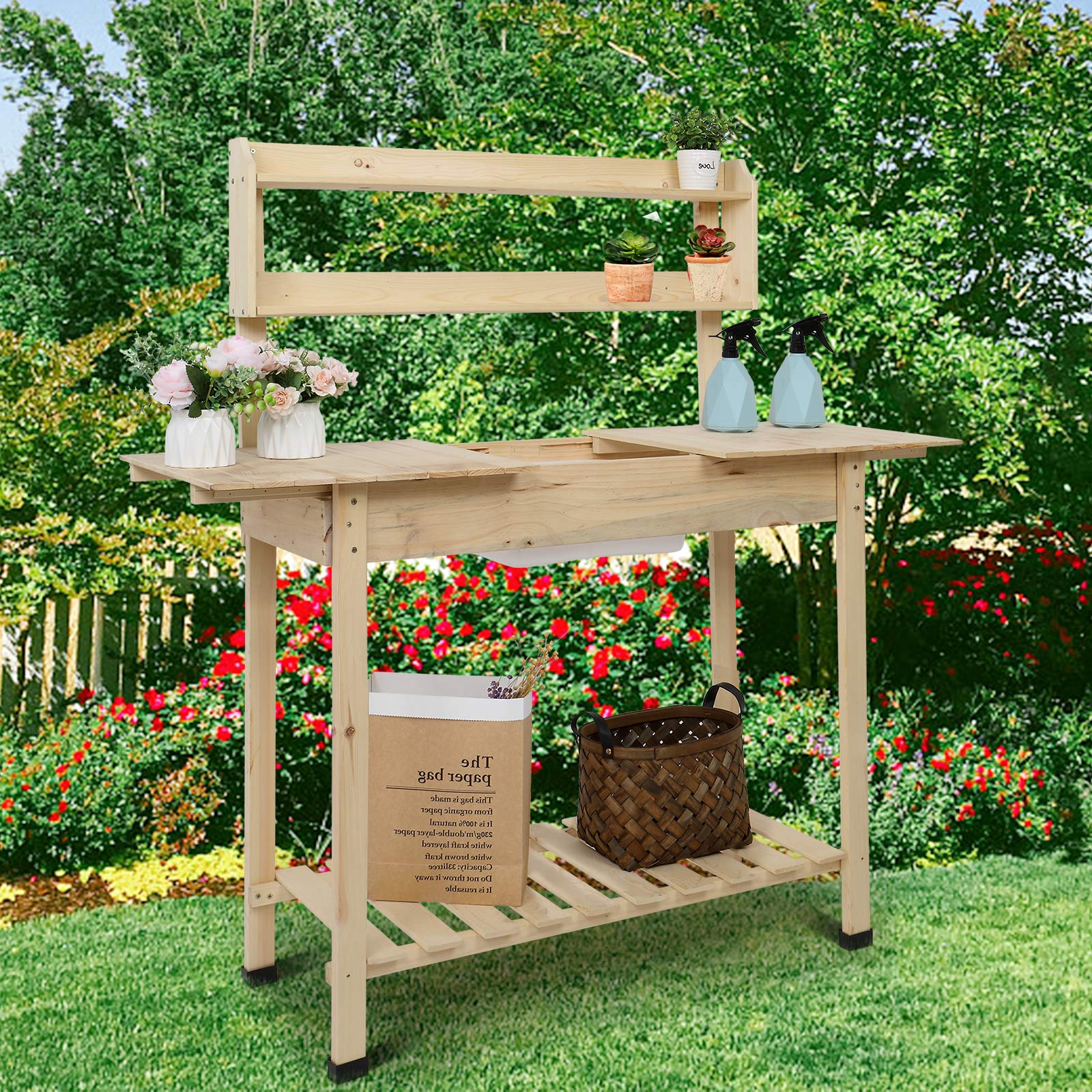 VINGLI Wooden Potting Bench Tables Work Station Table Outdoor Garden