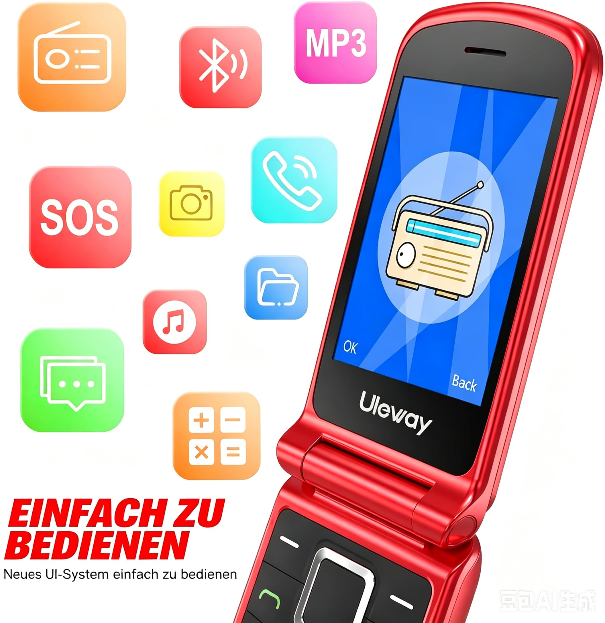CHAKEYAKE Seniorenhandy Klapphandy ohne Vertrag, G380D GSM Handy mit Großen Tasten, 2.4"+1.77" Dual Display, SOS-Notruftaste, FM-Radio, 1000 mAh Akku, Ladestation