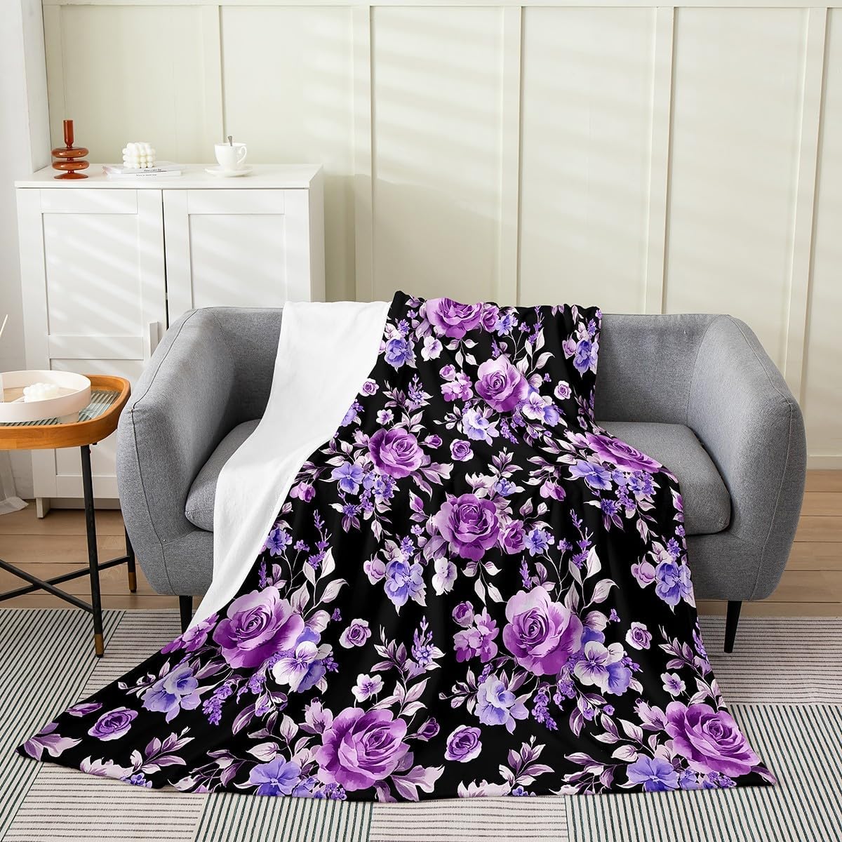 Erosebridal Rose Throw Blanket Queen, Exotic Purple Flower Floral Fleece Blanket for Bedroom Decor, Watercolor Botanical Flannel Blanket, Vintage Garden Leaf Fuzzy Blanket, Soft