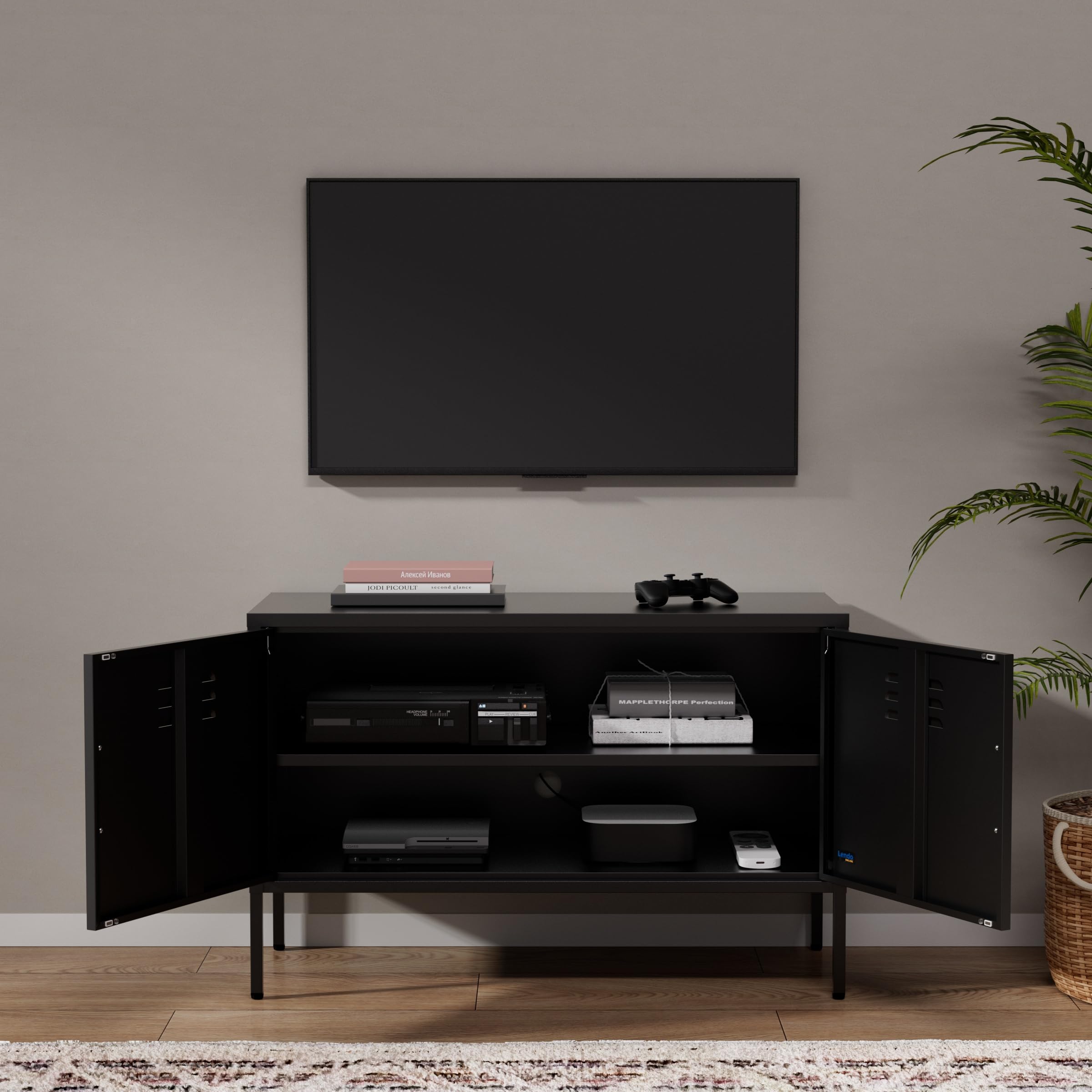 Mobile TV in Metallo – Lowboard Industriale – 100x40x65 cm – Mobile Porta TV per Soggiorno (Nero)